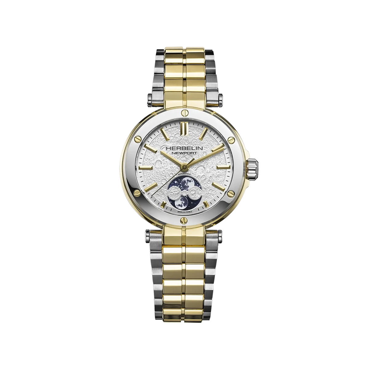 ⁣⁢Newport fase lunare, quadrante con decoro lunare, cassa rotonda in acciaio PVD oro giallo, bracciale bicolore in acciaio⁤⁣