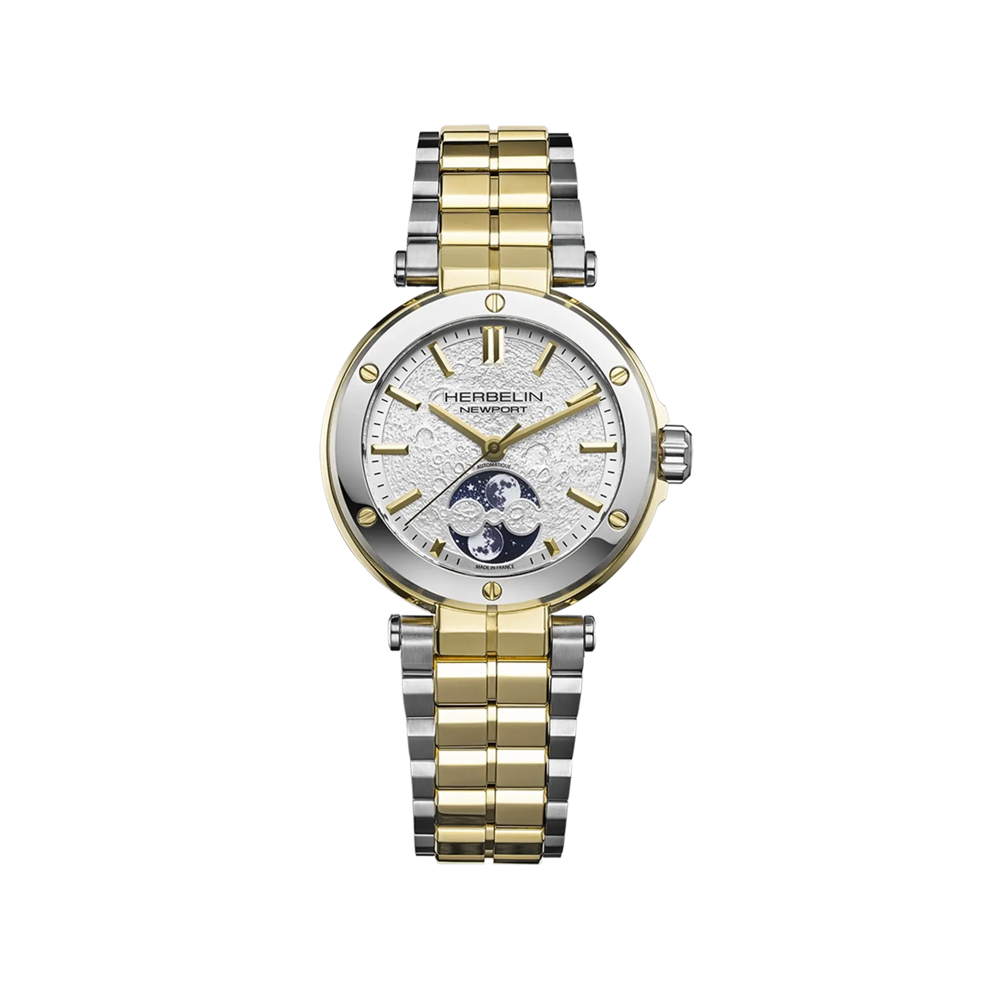Newport phase de lune, cadran décor lunaire, boîtier acier PVD or jaune rond, bracelet acier bicolore