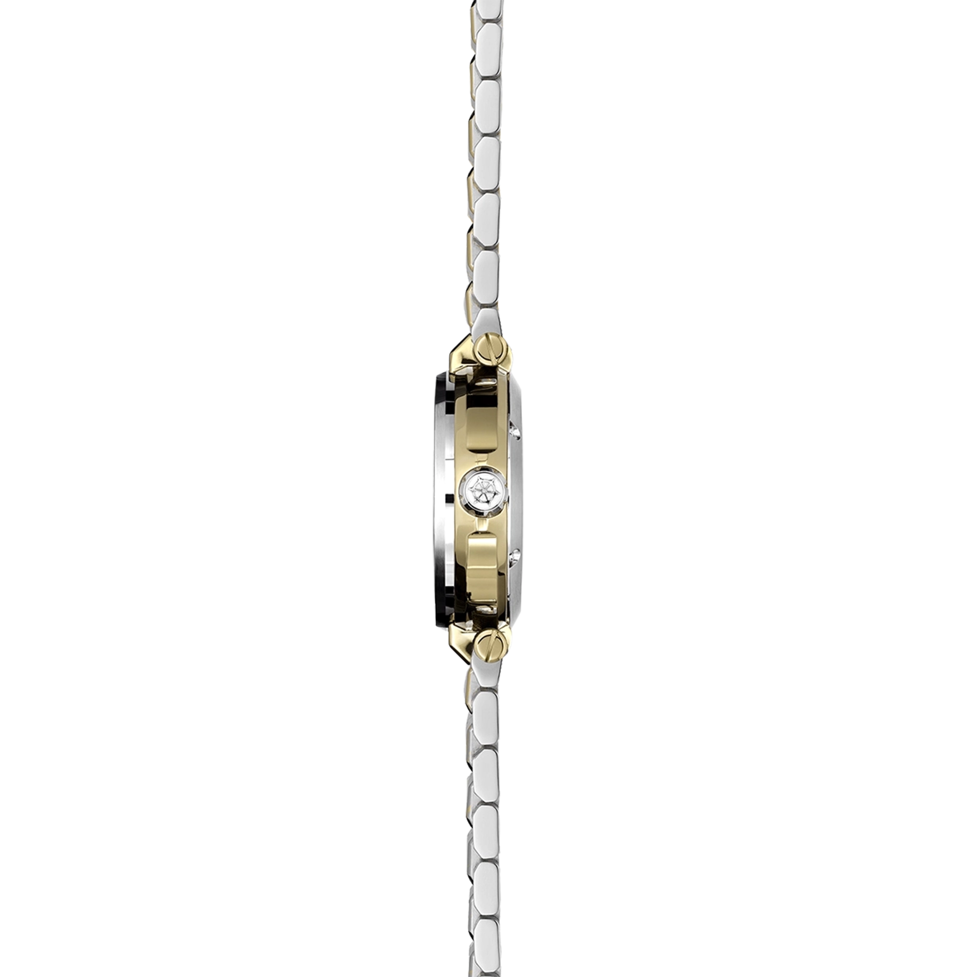 Vue de profil, tranche acier PVD or jaune, couronne et attaches du bracelet acier bicolore