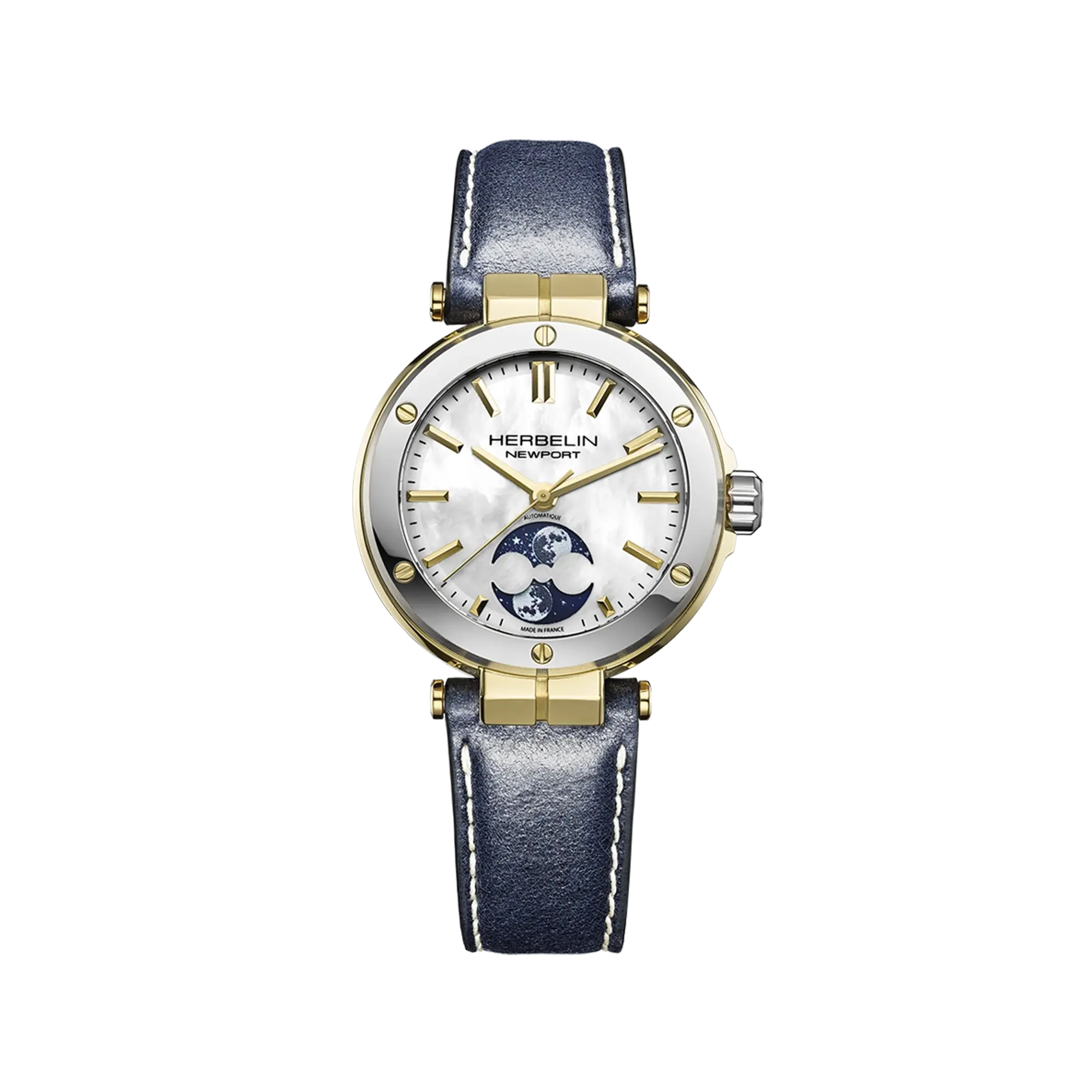 Newport phase de lune, cadran nacre blanche, boîtier acier PVD or jaune rond, bracelet cuir