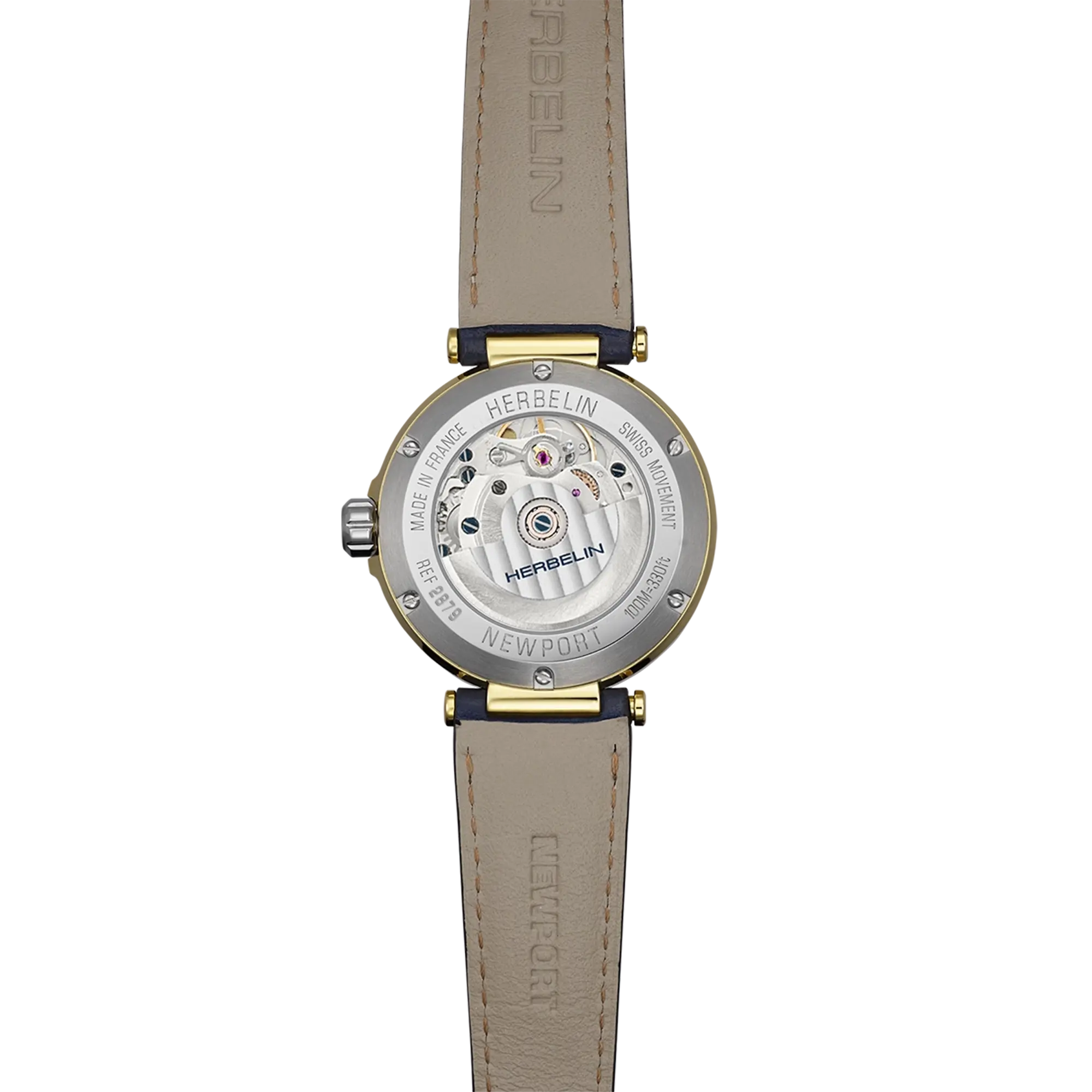 Dos de la Newport phase de lune, fond acier PVD or jaune avec mécanisme automatique apparent
