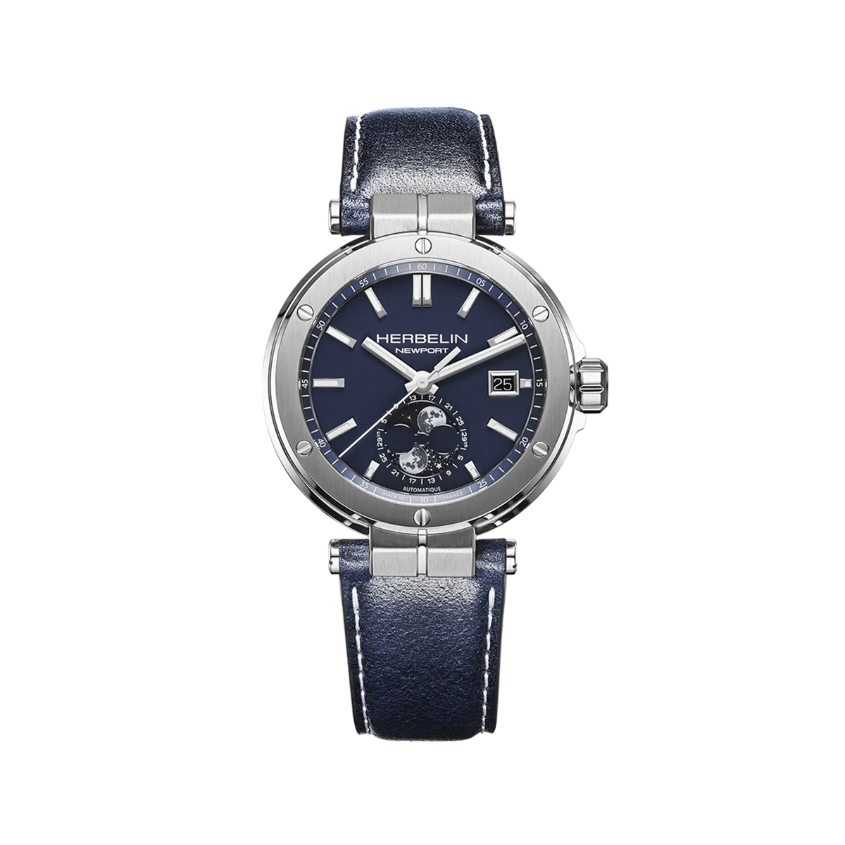 ⁣⁢Newport fasi lunari, quadrante laccato blu, cassa in acciaio rotonda, cinturino in pelle⁤⁣