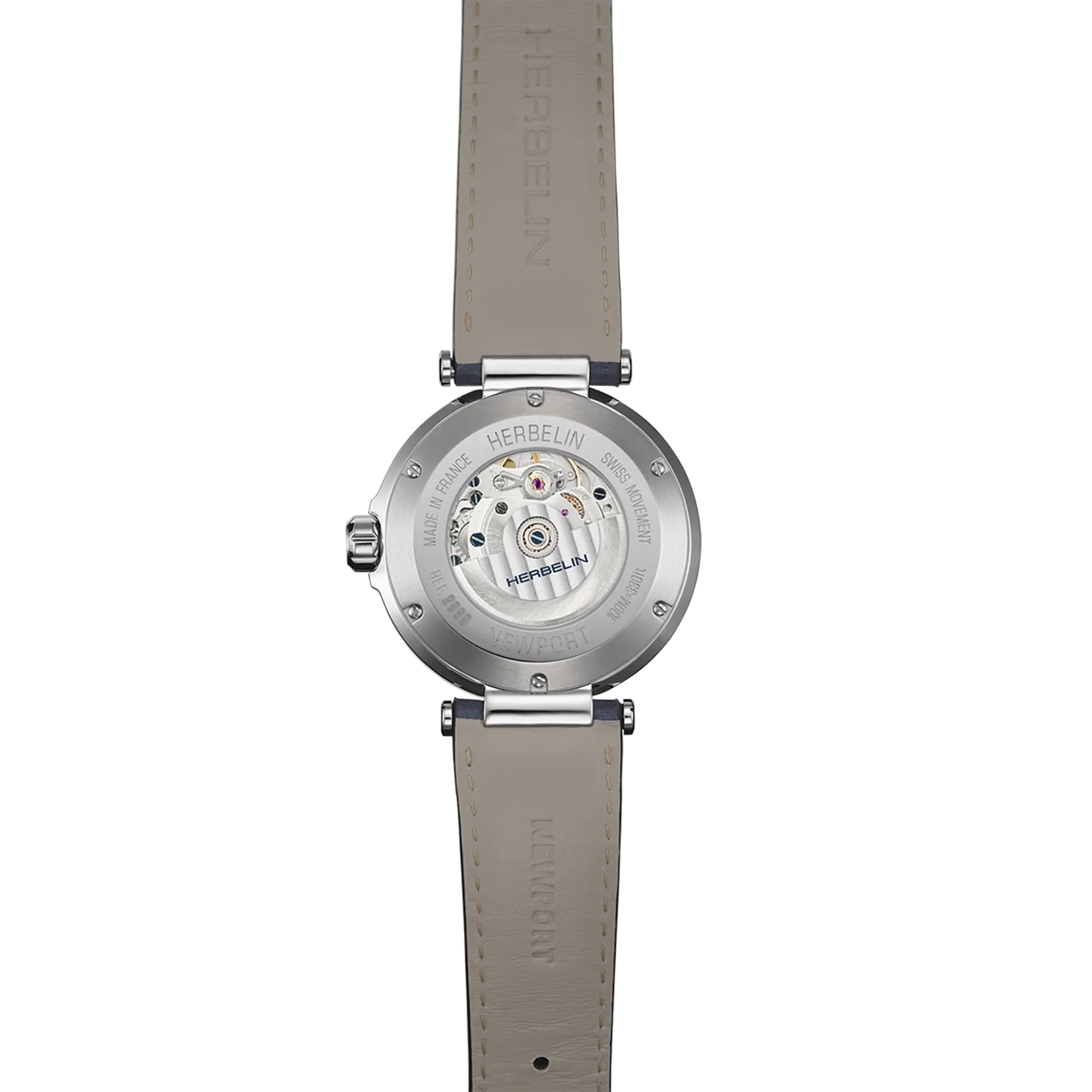Dos de la Newport phase de lune, fond acier avec mécanisme automatique apparent