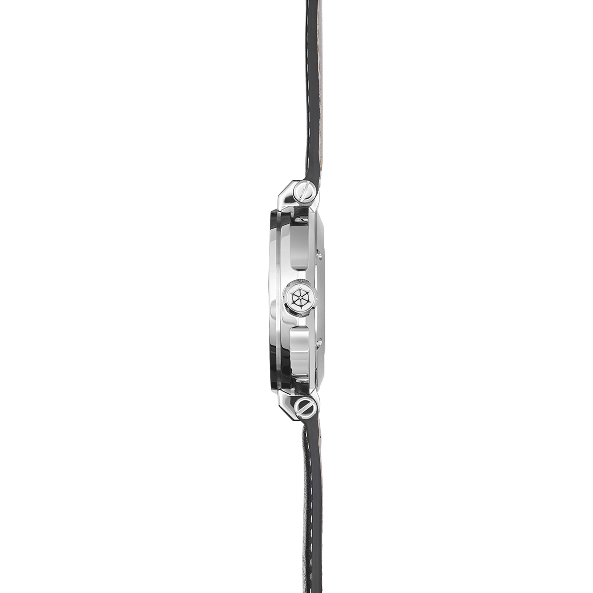 Vue de profil, tranche acier, couronne et attaches du bracelet cuir
