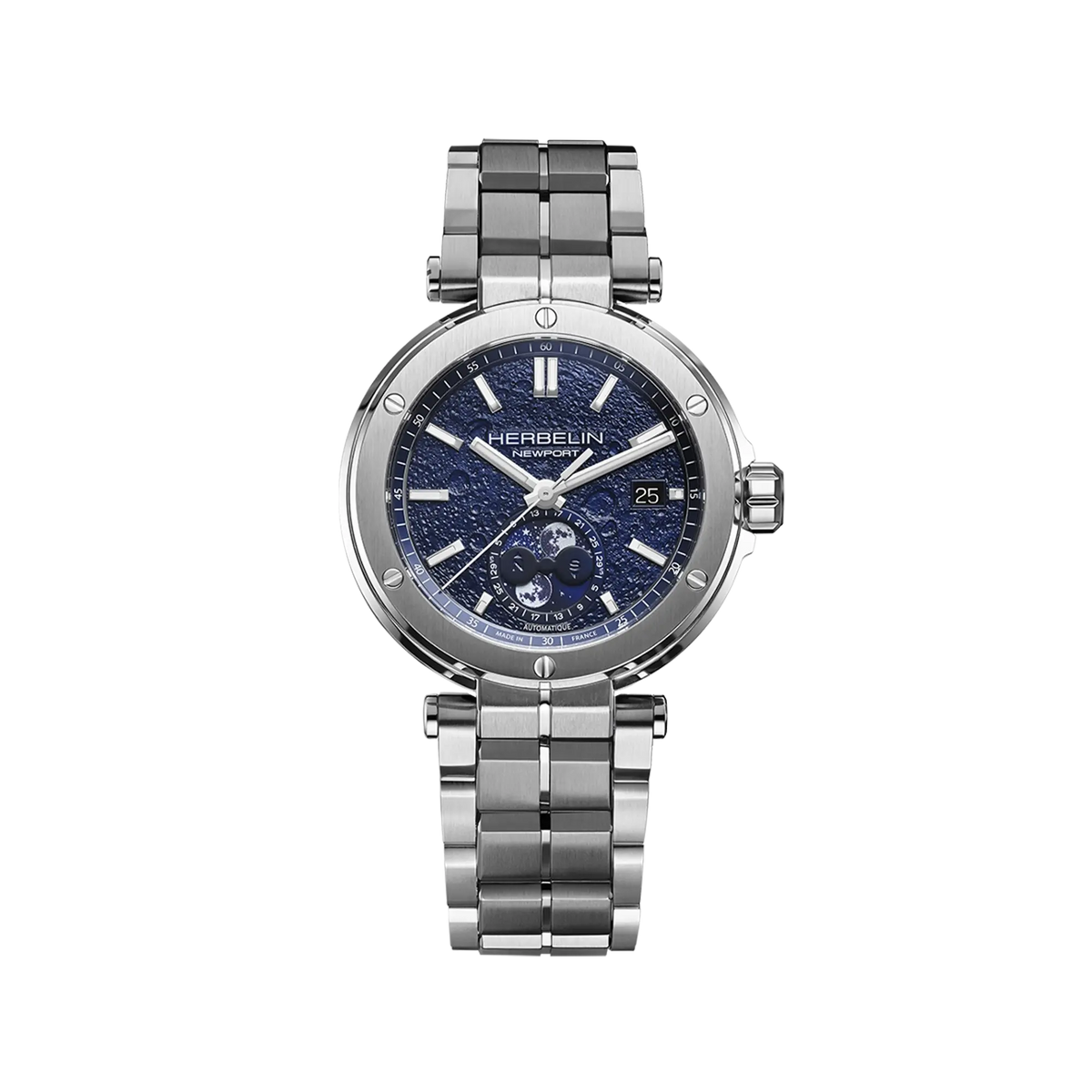 ⁣⁢Newport fasi lunari, quadrante con decoro lunare, cassa in acciaio rotonda, bracciale in acciaio⁤⁣
