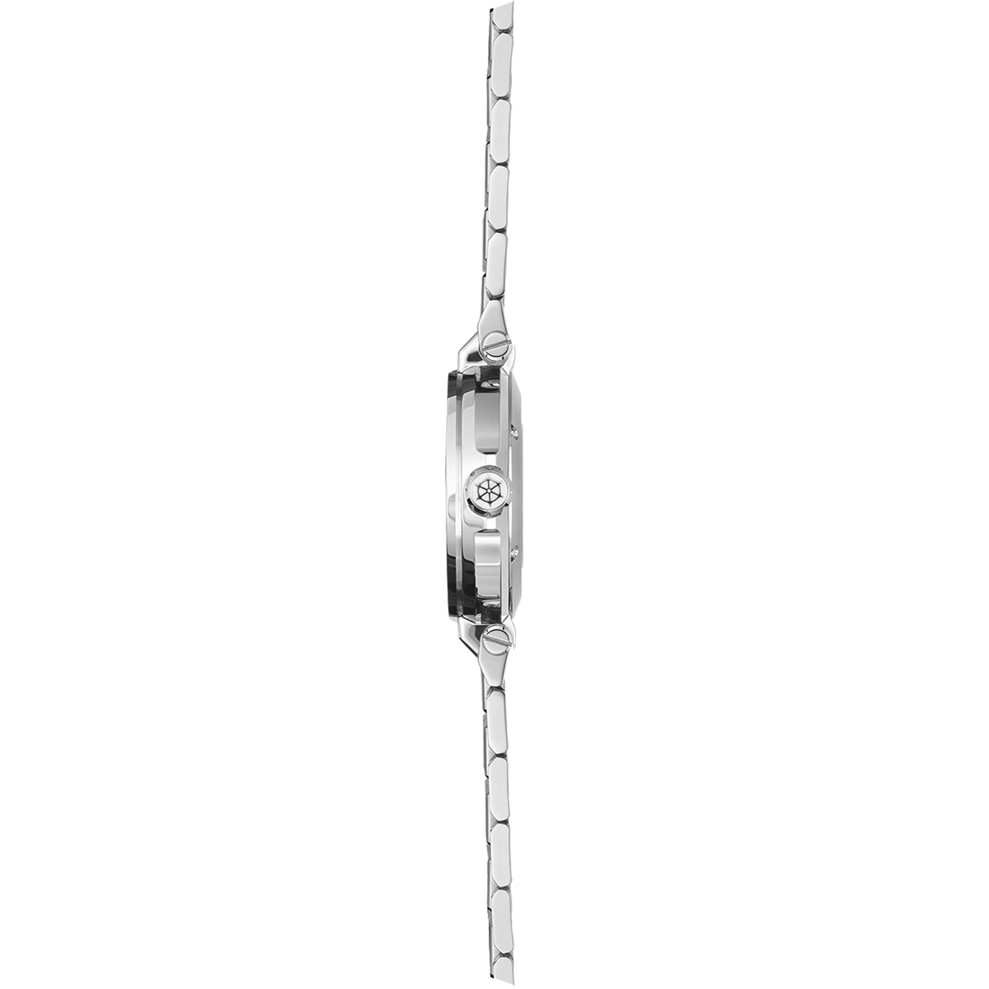Vue de profil, tranche acier, couronne et attaches du bracelet acier
