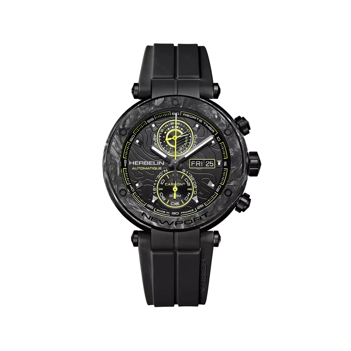 ⁣⁢Newport carbone, cadran décor Route du Rhum, boîtier titane rotondo, bracciale in caucciù⁤⁣