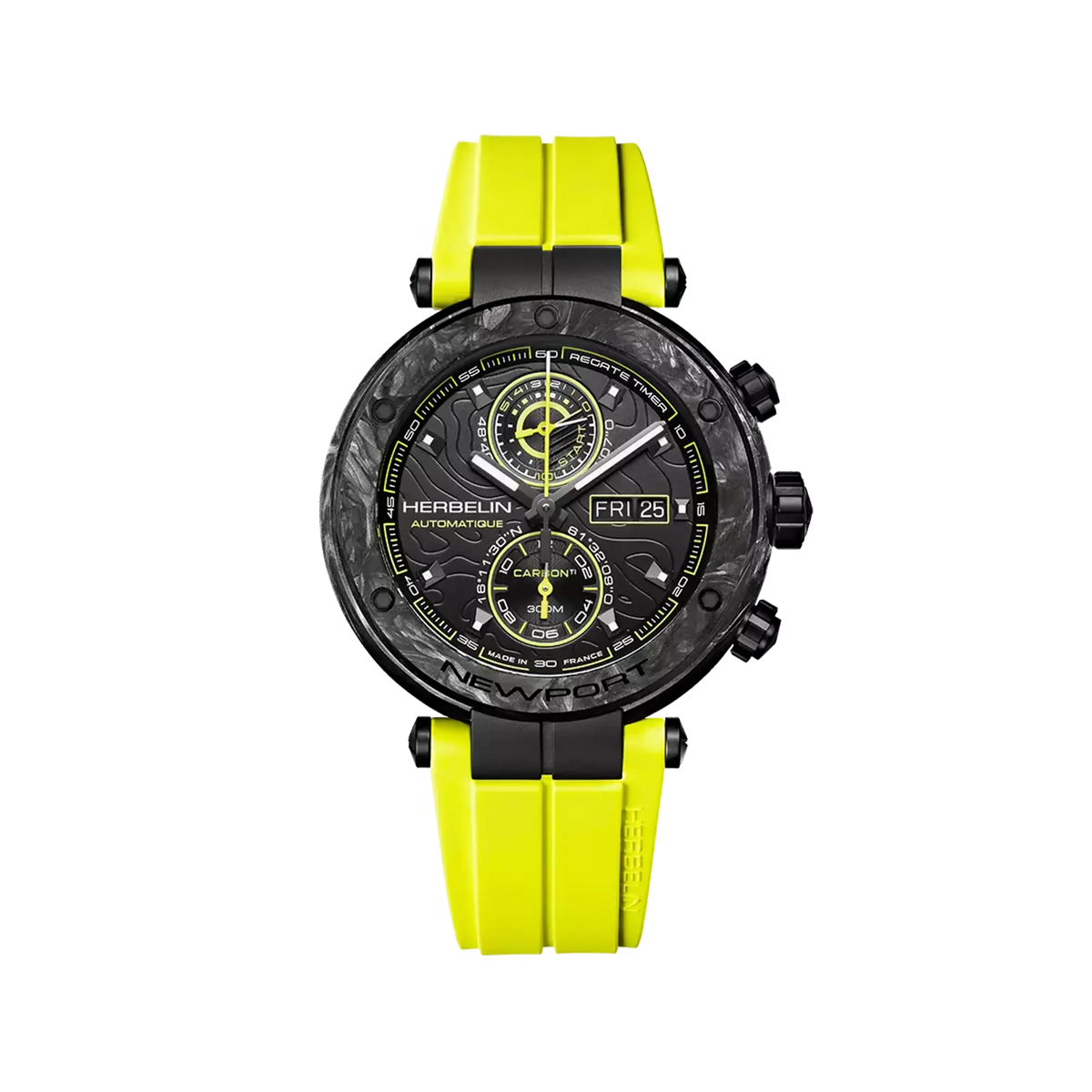 ⁣⁢Newport carbone, cadran décor Route du Rhum, boîtier titane rotondo, bracciale in caucciù⁤⁣