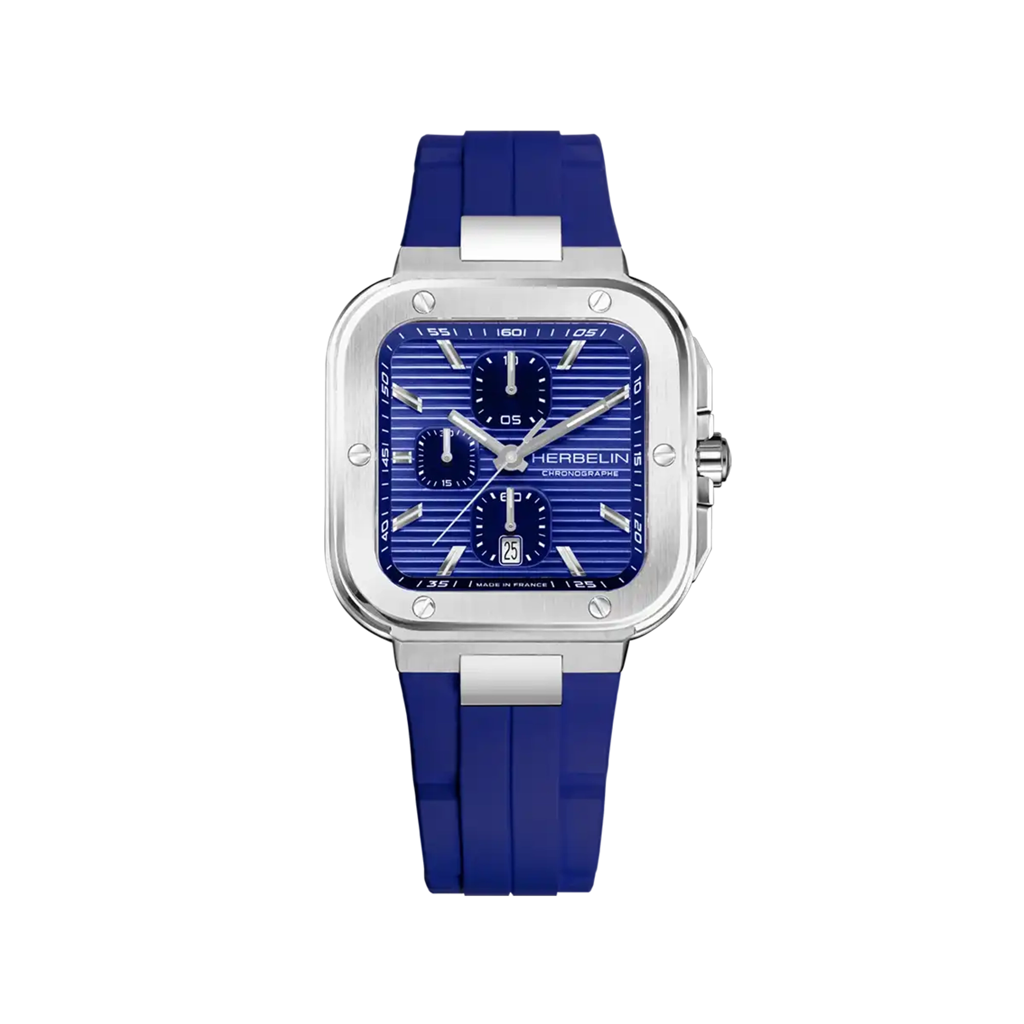 Cap Camarat chronographe, cadran bleu cobalt, boîtier carré acier, bracelet caoutchouc