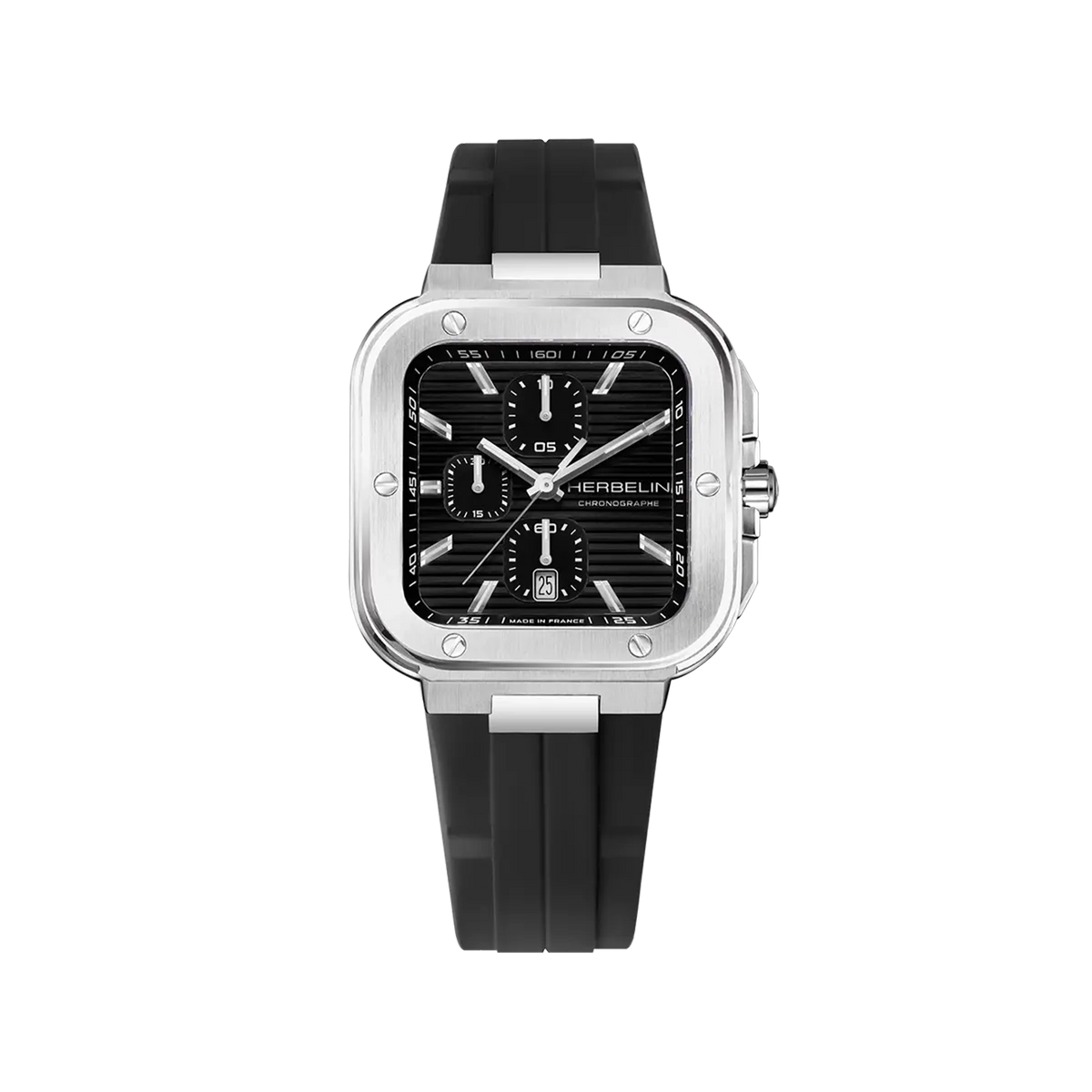 ⁣⁢Cap Camarat chronograph, black dial, square steel case, rubber strap⁤⁣