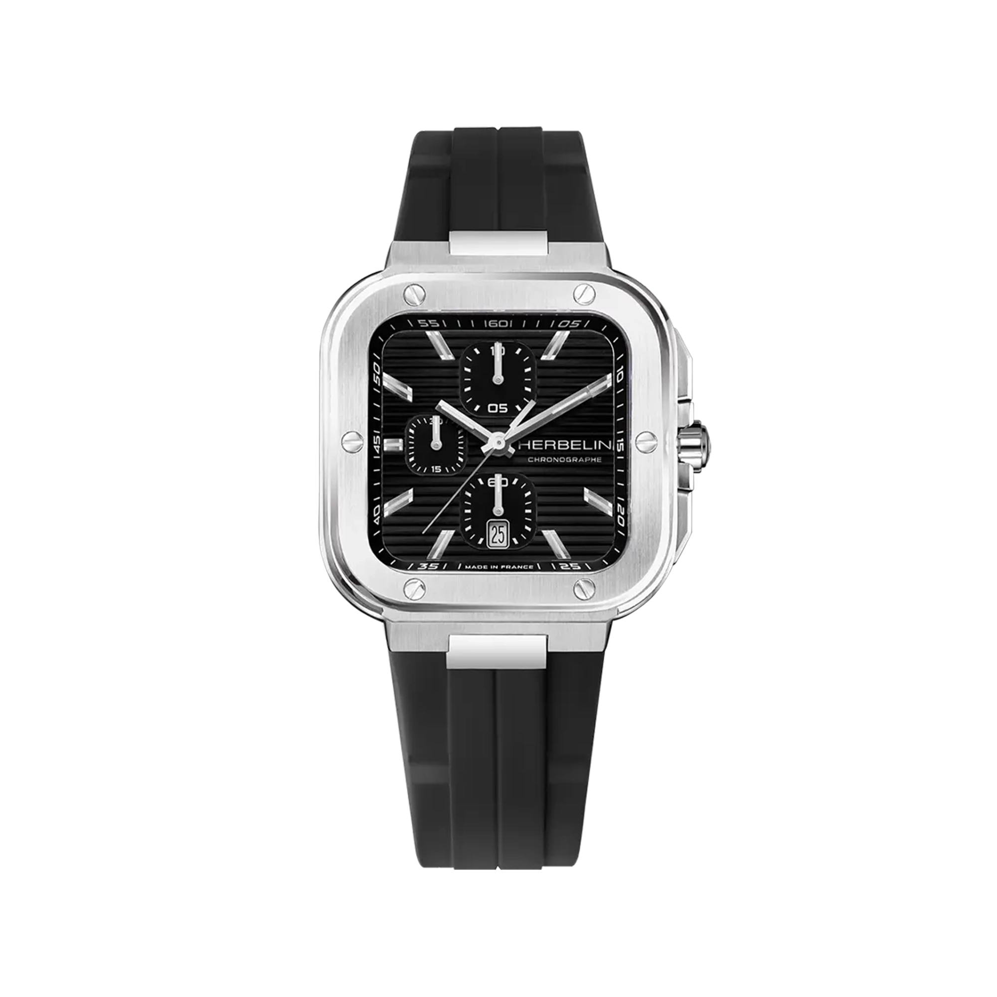 Cap Camarat chronographe, cadran noir, boîtier carré acier, bracelet caoutchouc