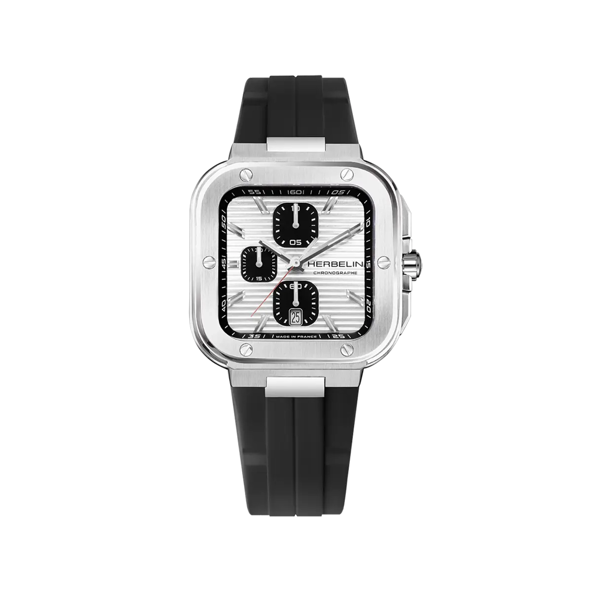 Cap Camarat chronographe, cadran argent blanc, boîtier carré acier, bracelet caoutchouc