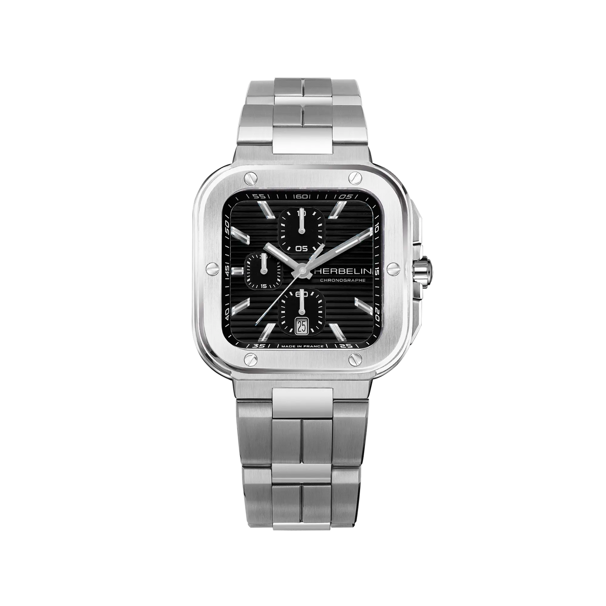 Cap Camarat chronographe, cadran noir, boîtier carré acier, bracelet acier