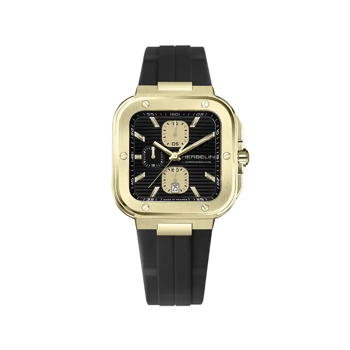 ⁣⁢Cap Camarat, esfera negra, caja cuadrada de acero PVD oro amarillo, brazalete de caucho⁤⁣