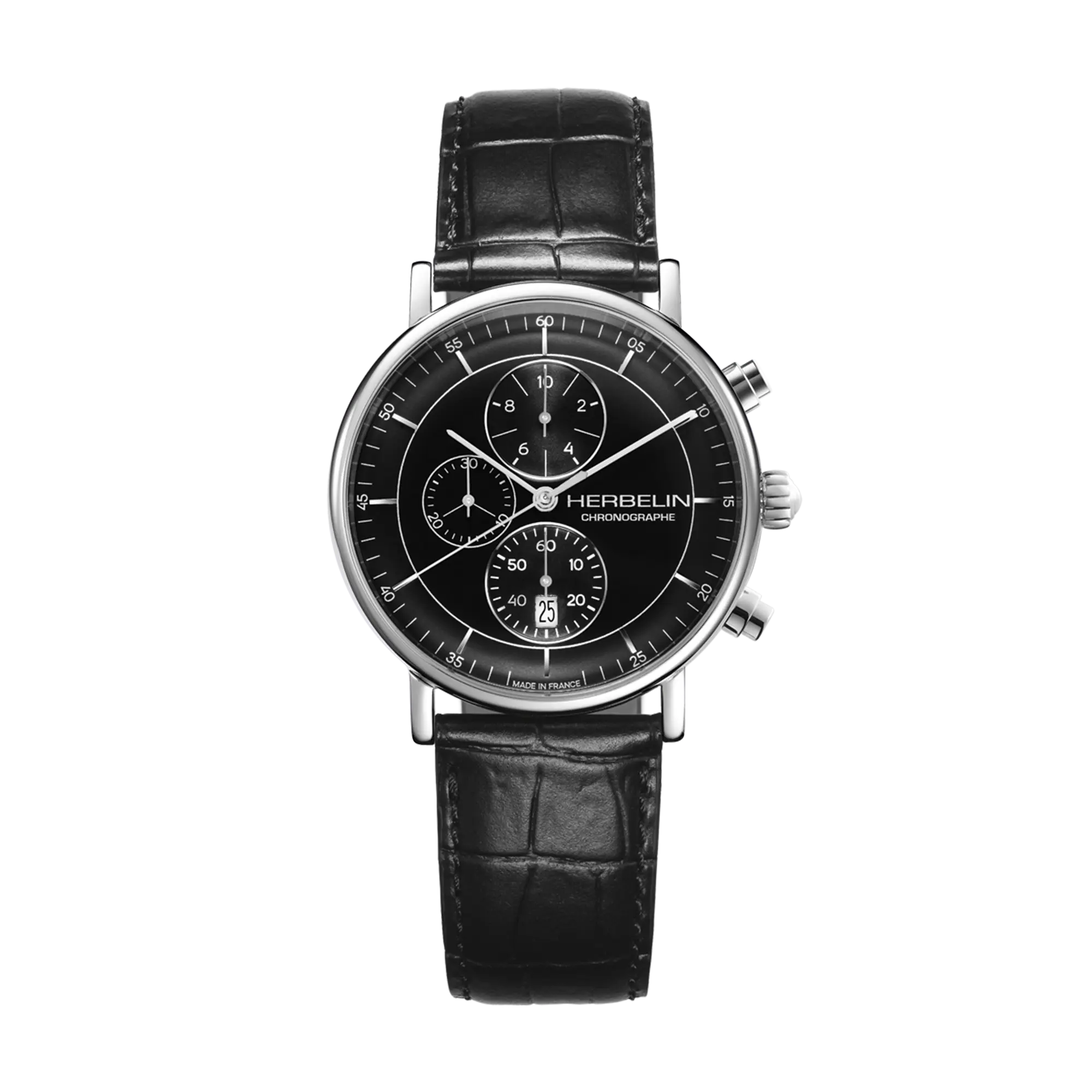 Inspiration chronographe, cadran noir, boîtier acier rond, bracelet cuir