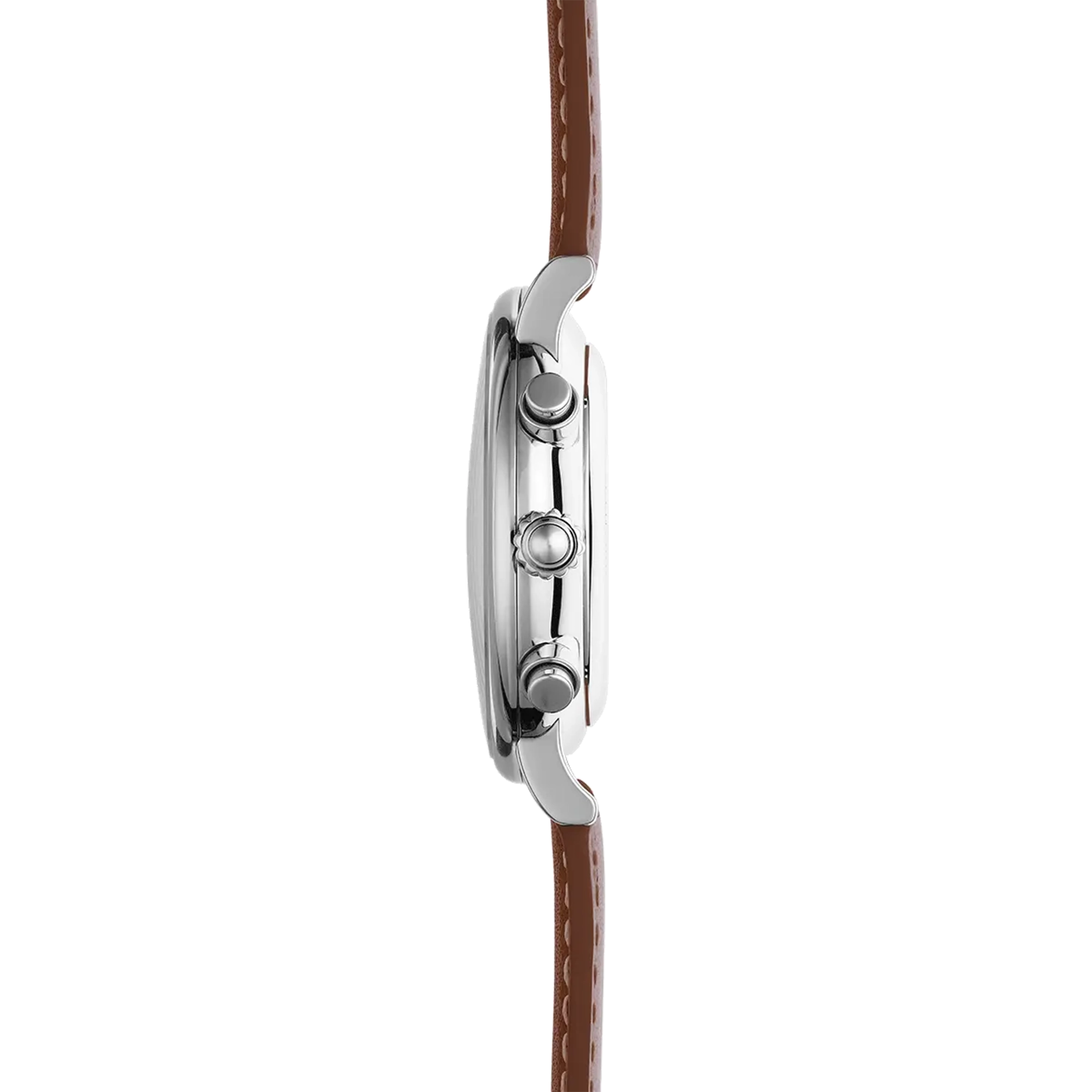 Vue de profil, tranche acier, couronne et attaches du bracelet cuir