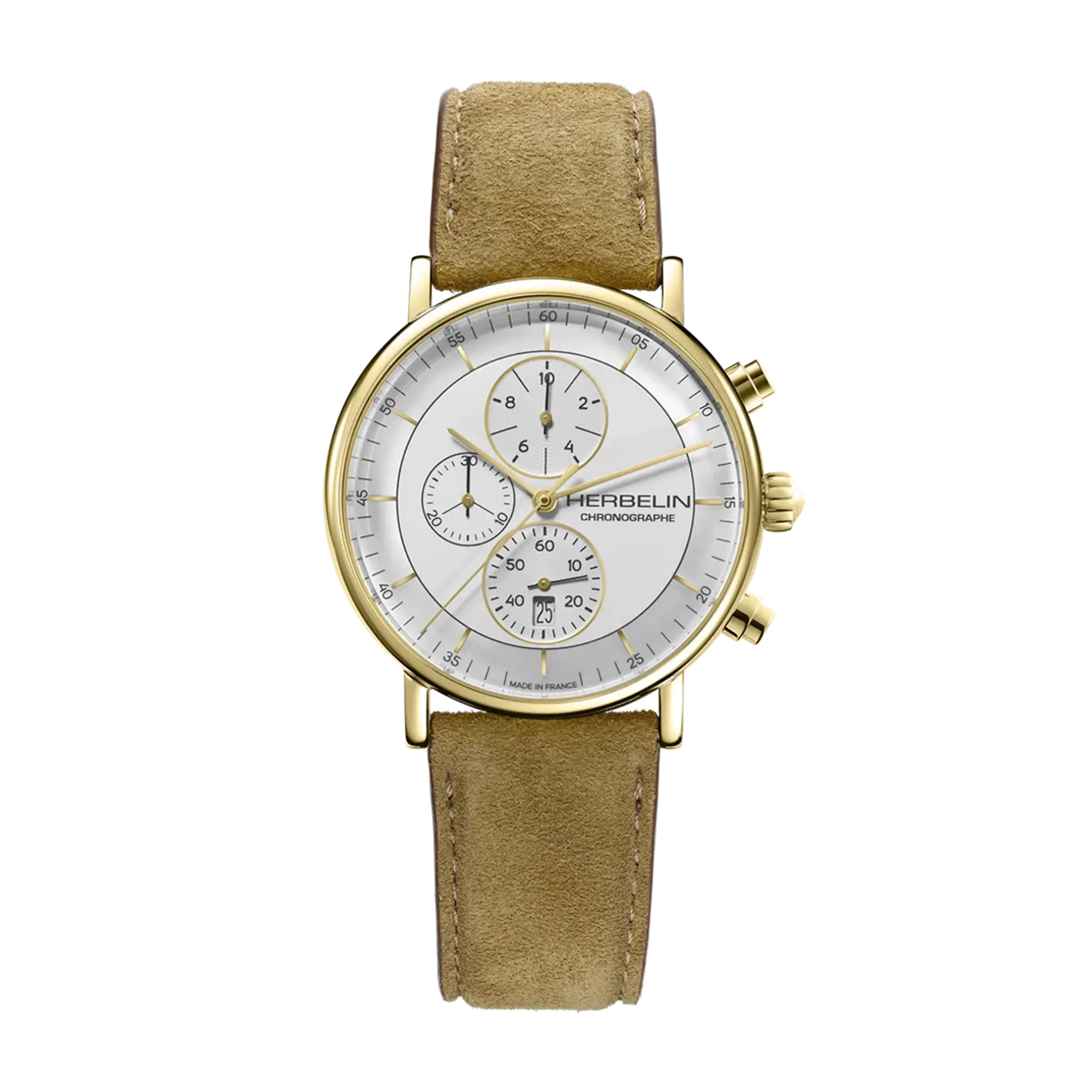 Inspiration chronographe, cadran argent blanc brossé, boîtier acier PVD or jaune rond, bracelet cuir