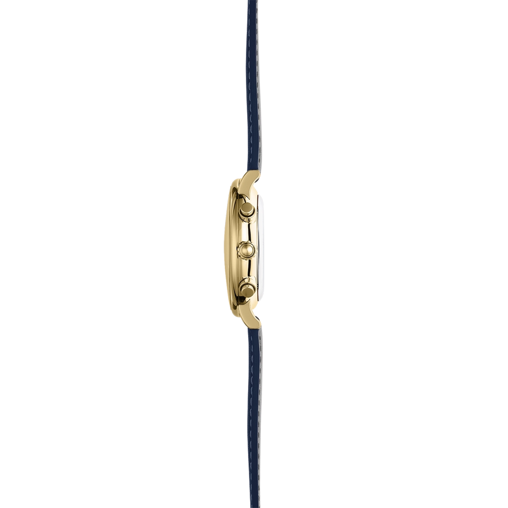 Vue de profil, tranche acier PVD or jaune, couronne et attaches du bracelet cuir