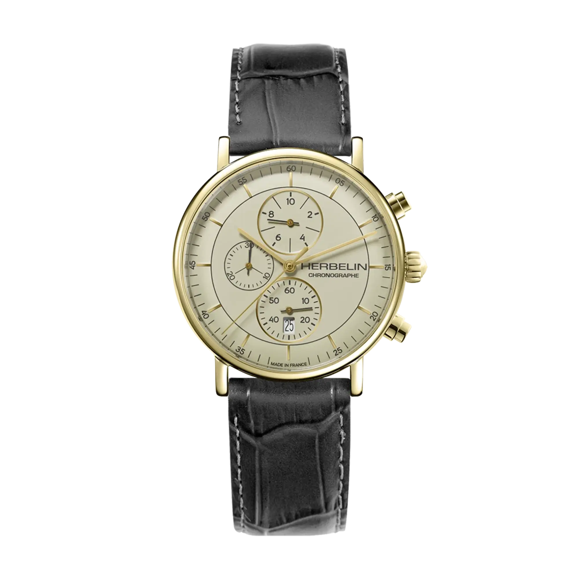 Inspiration chronographe, cadran coquille d'œuf, boîtier acier PVD or jaune rond, bracelet cuir