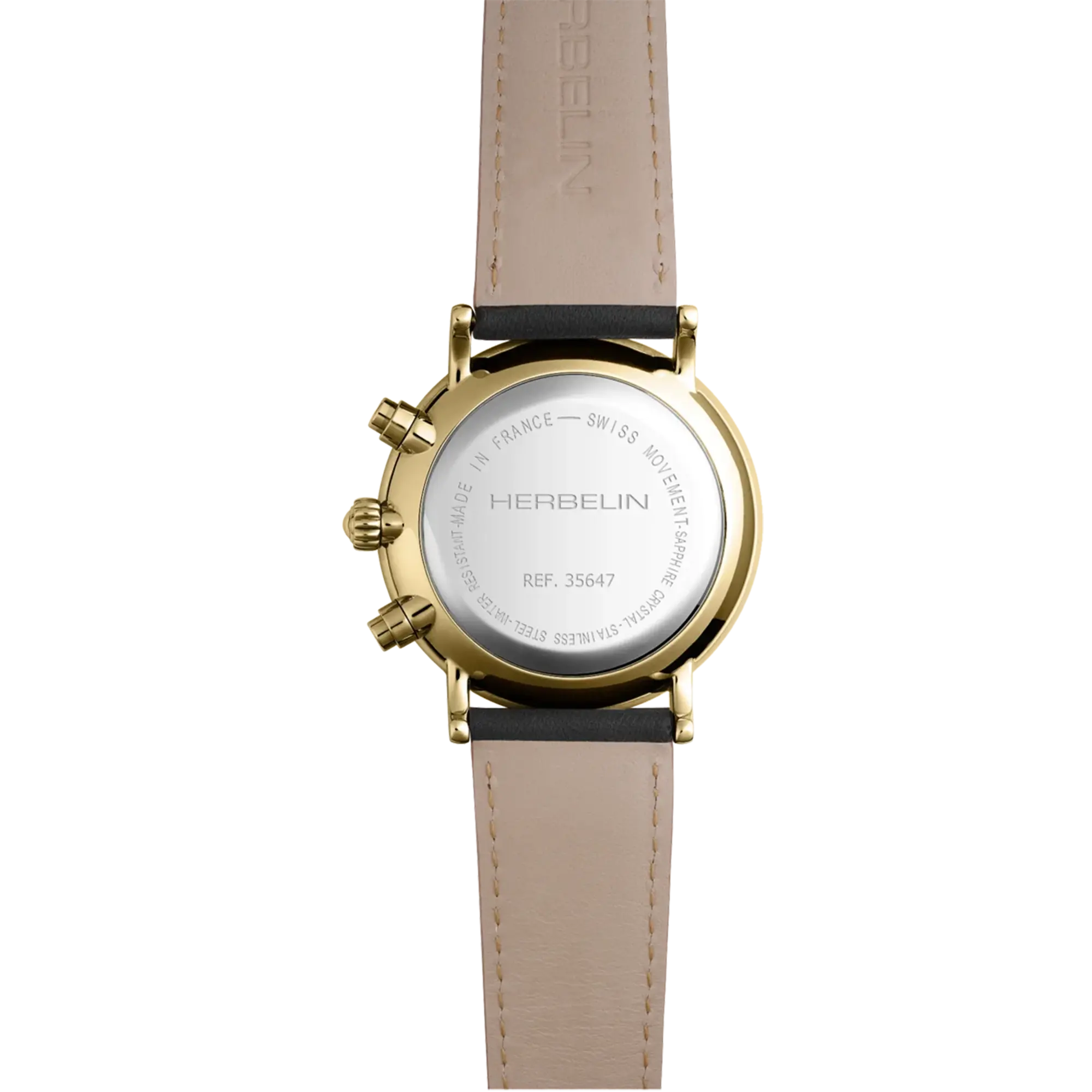 Dos de la Inspiration chronographe, fond acier PVD or jaune avec gravure du modèle