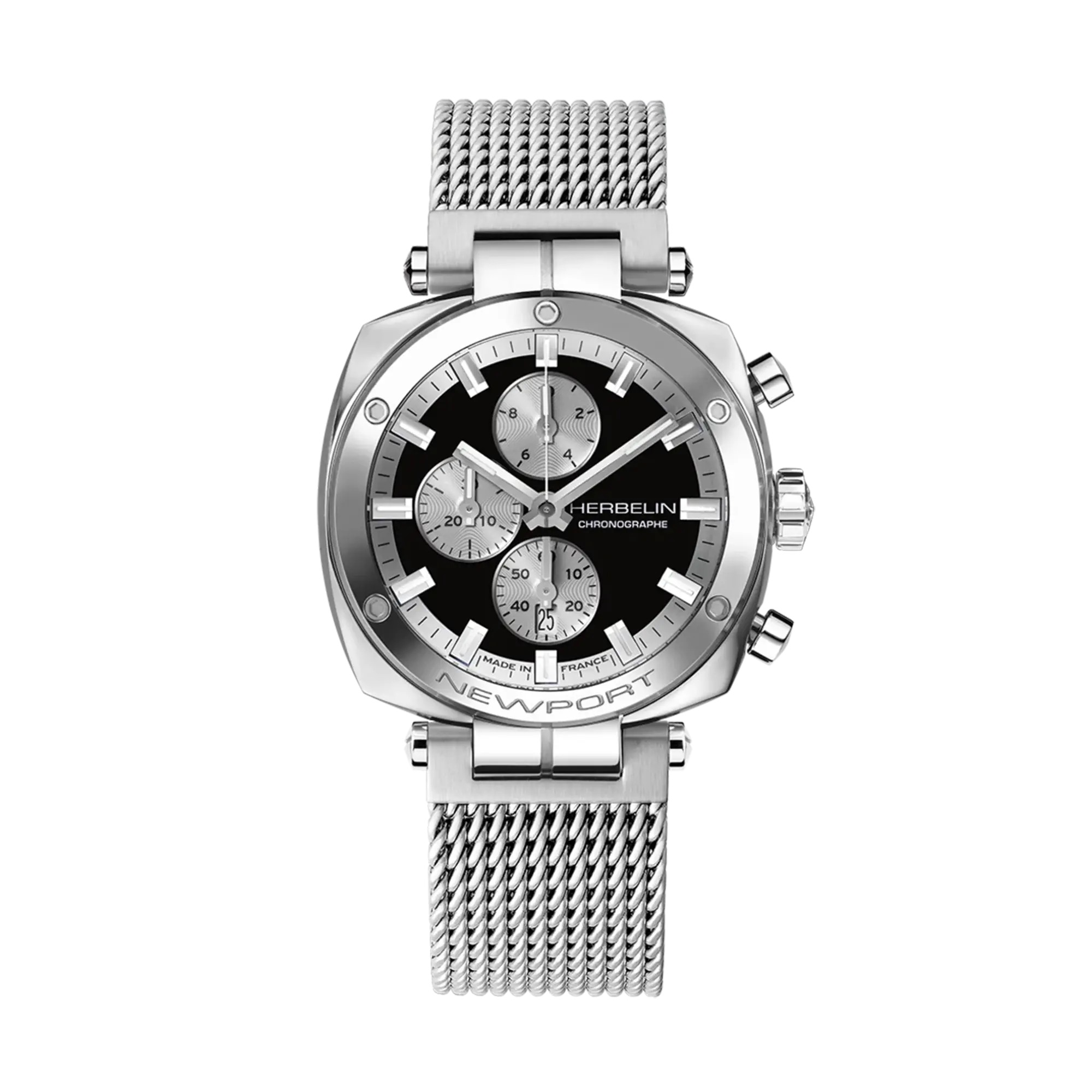 Newport chronographe, cadran noir, boîtier carré acier, bracelet acier