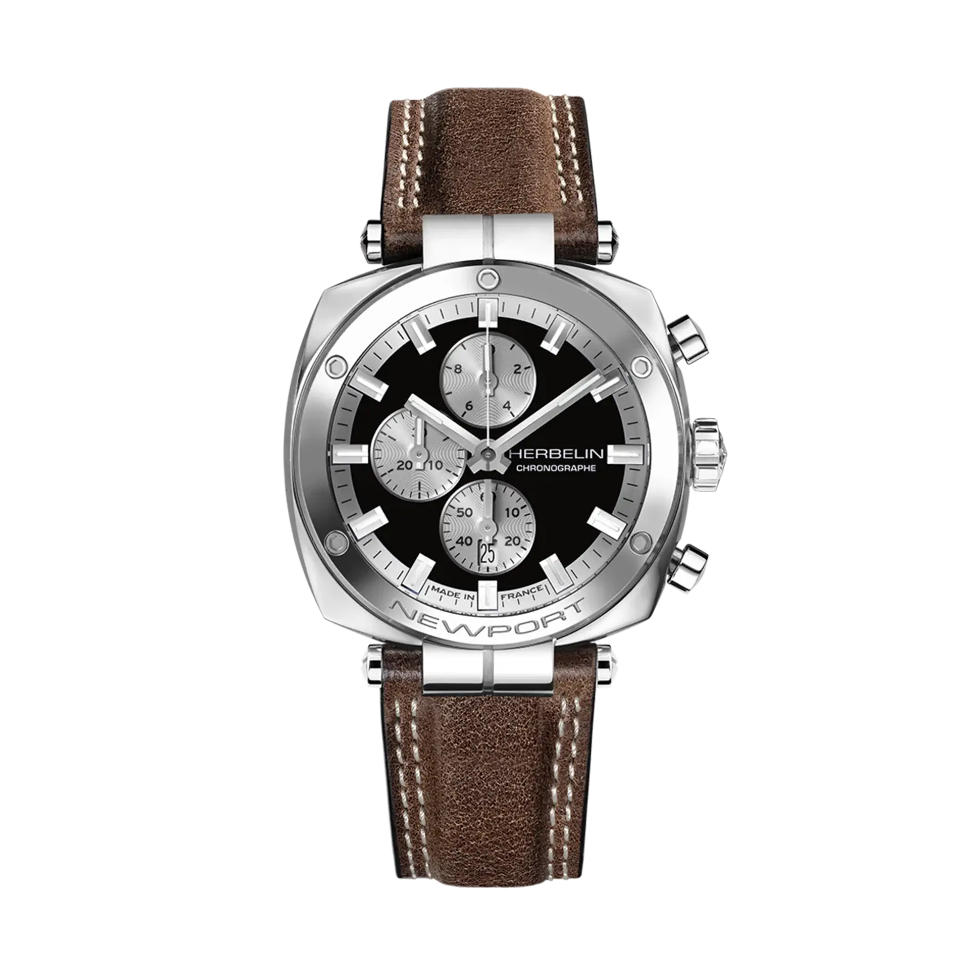 Newport chronographe, cadran noir, boîtier carré acier, bracelet cuir