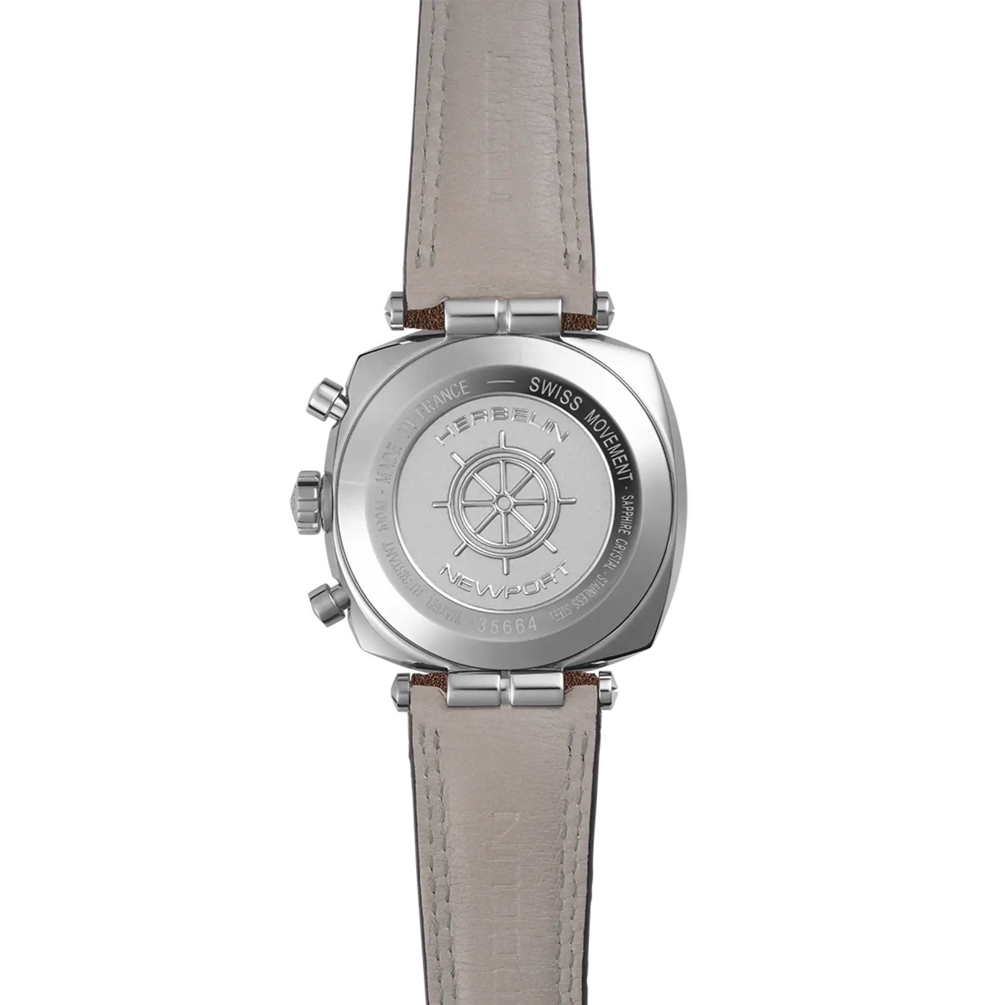⁣⁢Bagside af Newport kronograf, stålbagside med modelgravering⁤⁣