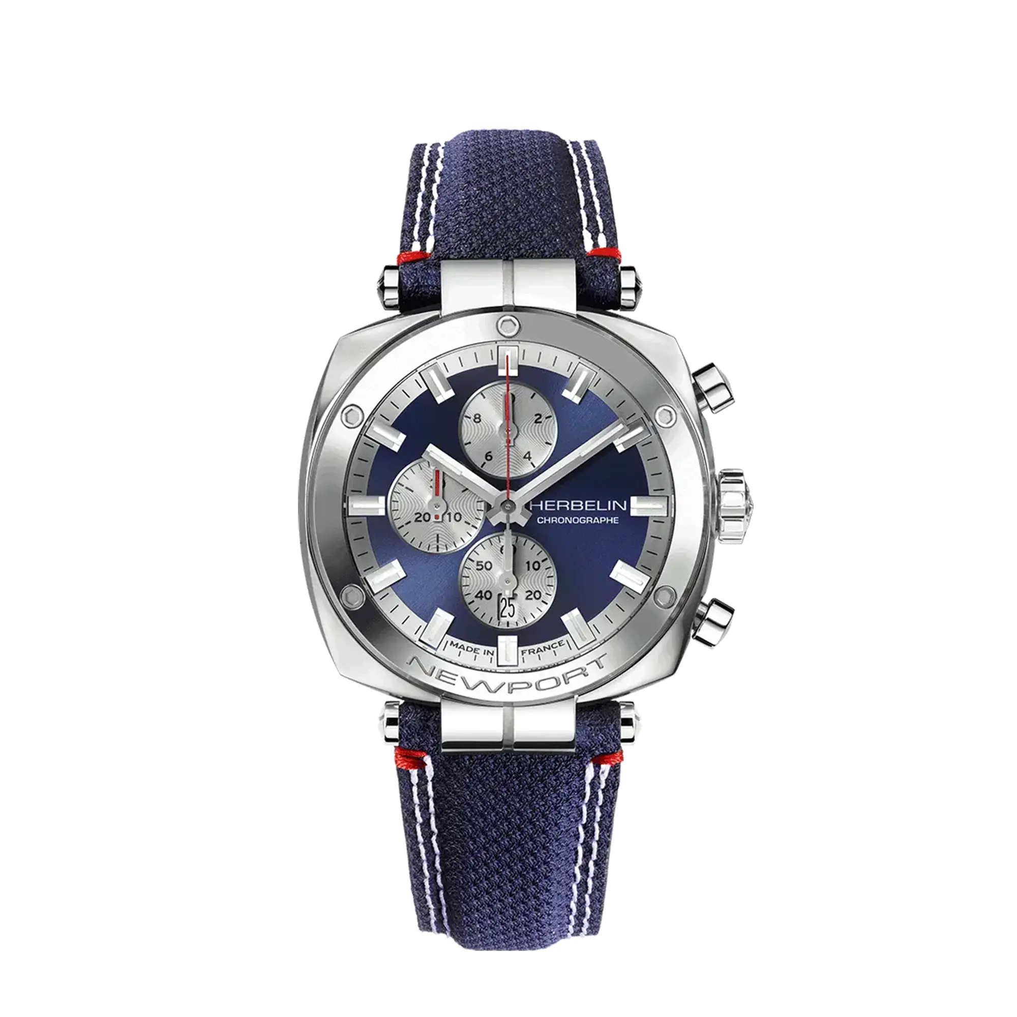 Newport chronographe, cadran bleu, boîtier carré acier, bracelet textile