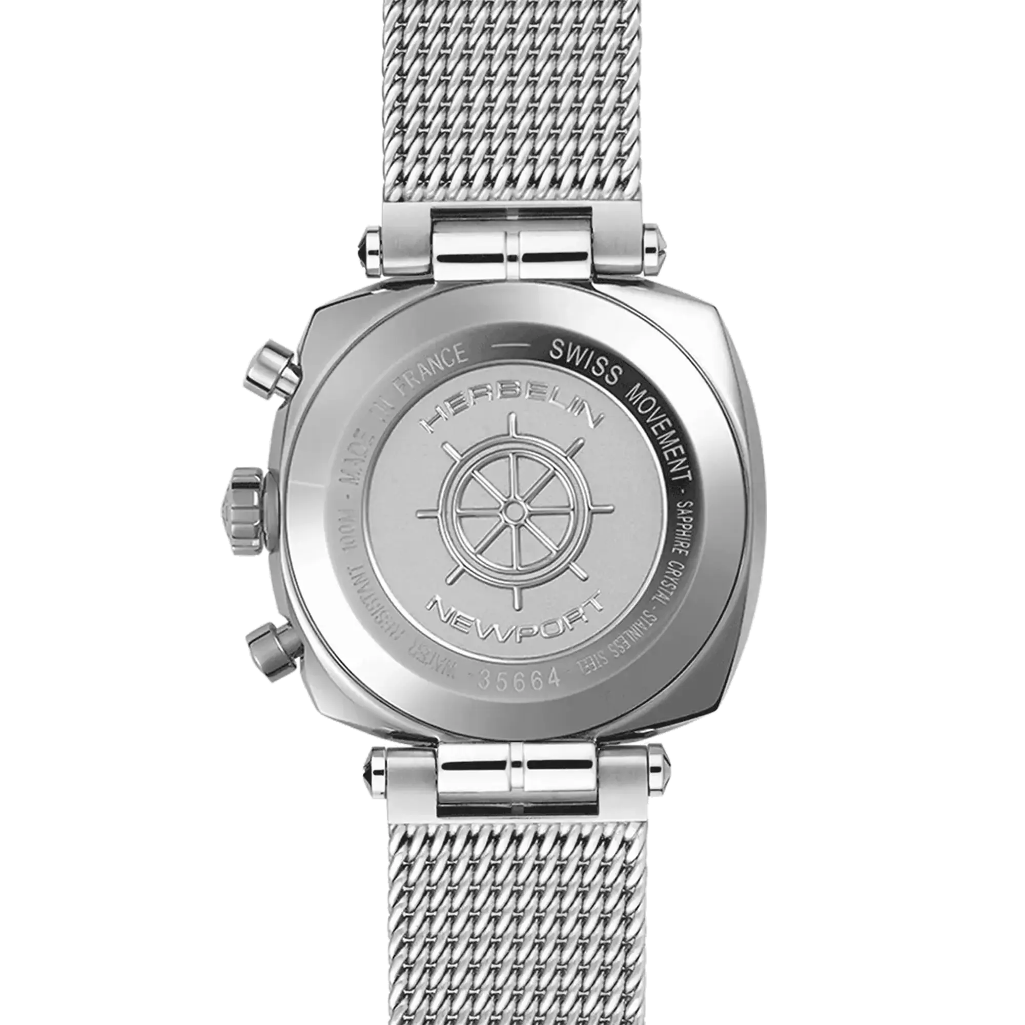Dos de la Newport chronographe, fond acier avec gravure du modèle
