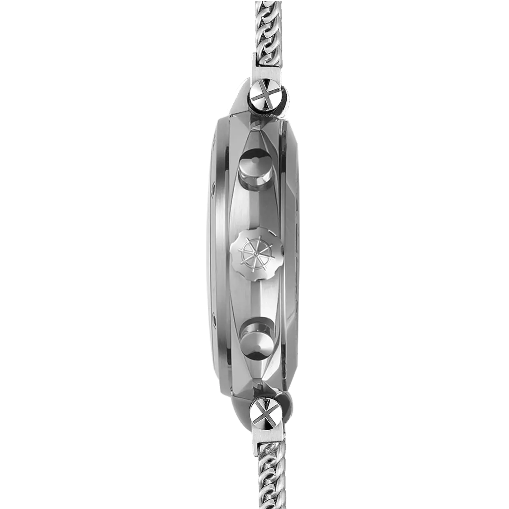 Vue de profil, tranche acier, couronne et attaches du bracelet acier