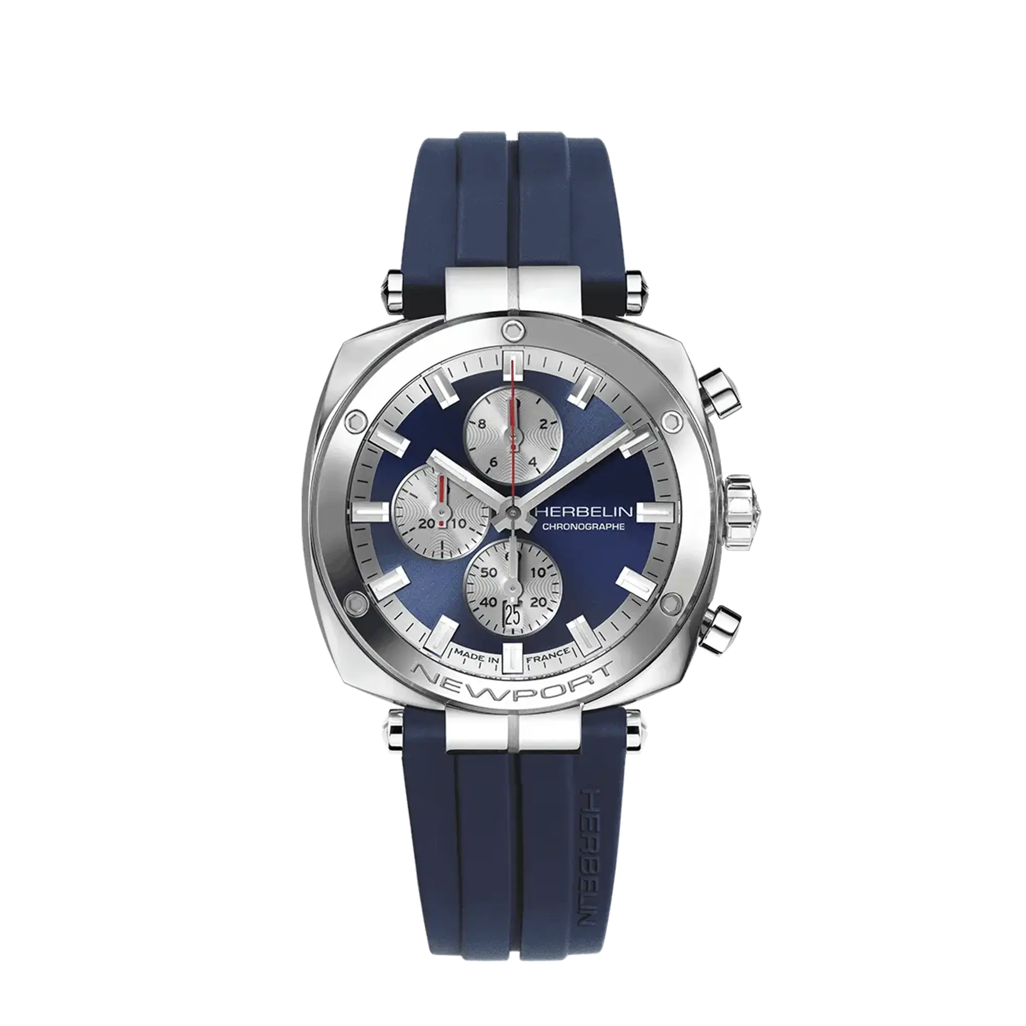 Newport chronographe, cadran bleu, boîtier carré acier, bracelet caoutchouc
