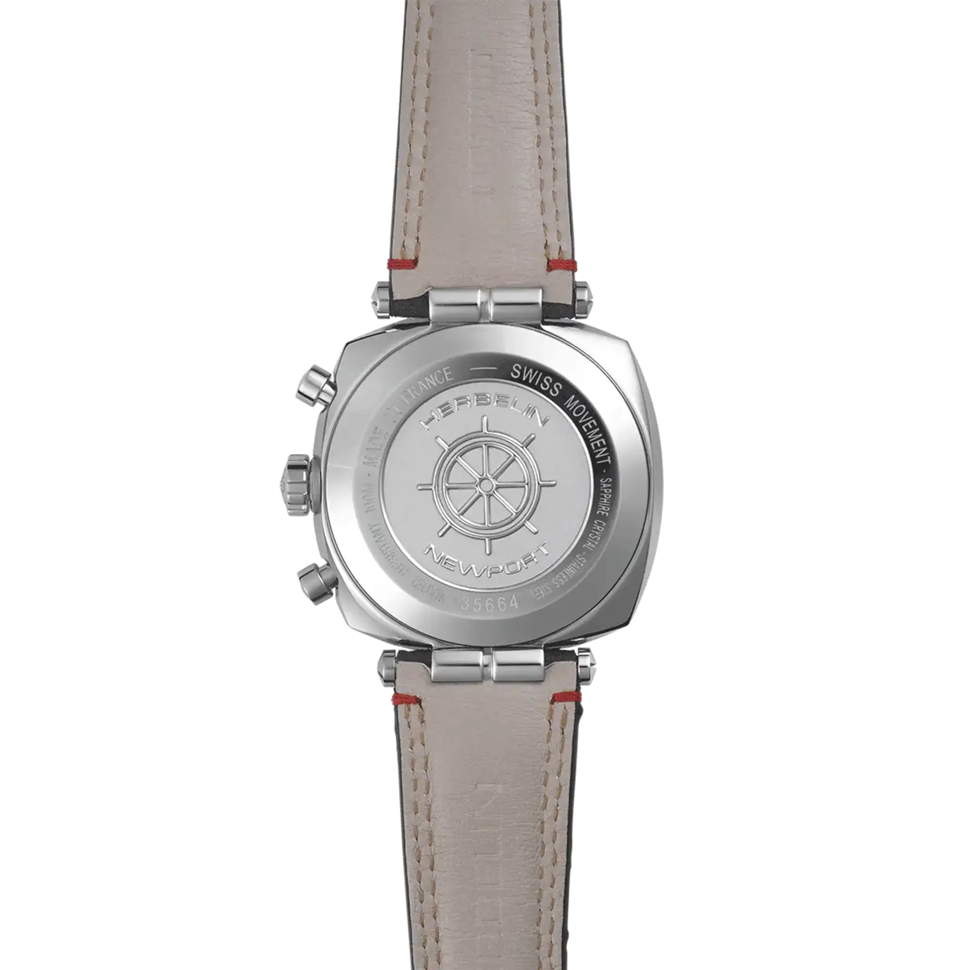 Dos de la Newport chronographe, fond acier avec gravure du modèle