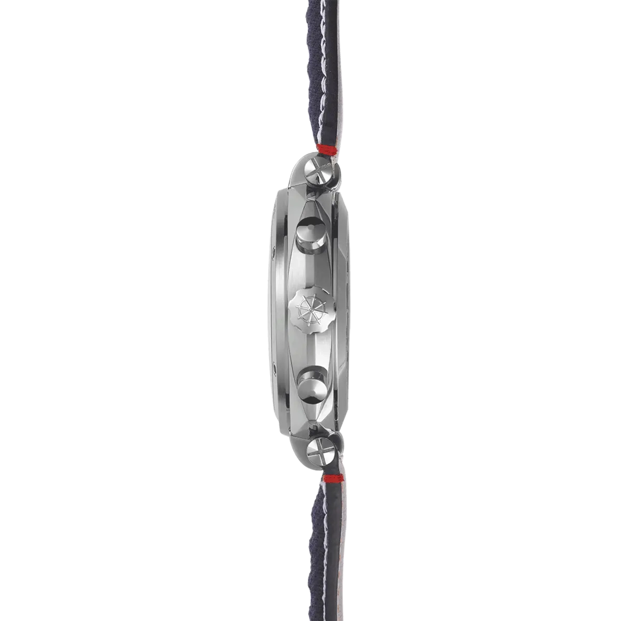 Vue de profil, tranche acier, couronne et attaches du bracelet textile