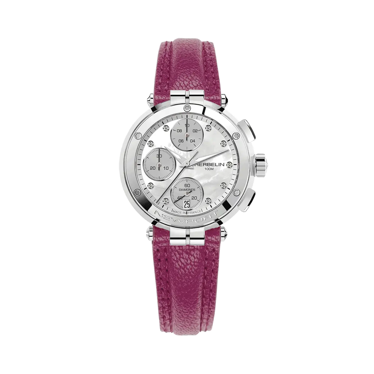 ⁣⁢Newport cronografo, quadrante madreperla bianca, cassa acciaio tonda, bracciale in pelle⁤⁣
