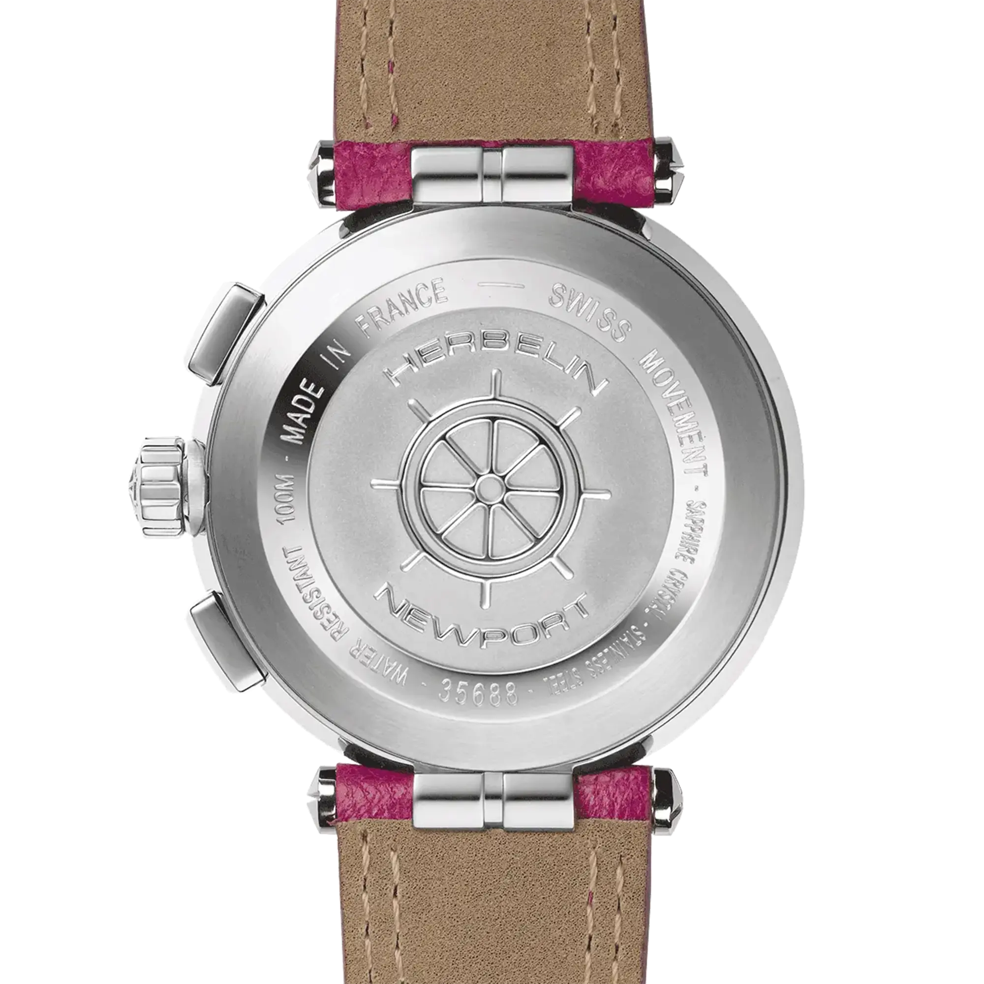 Dos de la Newport chronographe, fond acier avec gravure du modèle