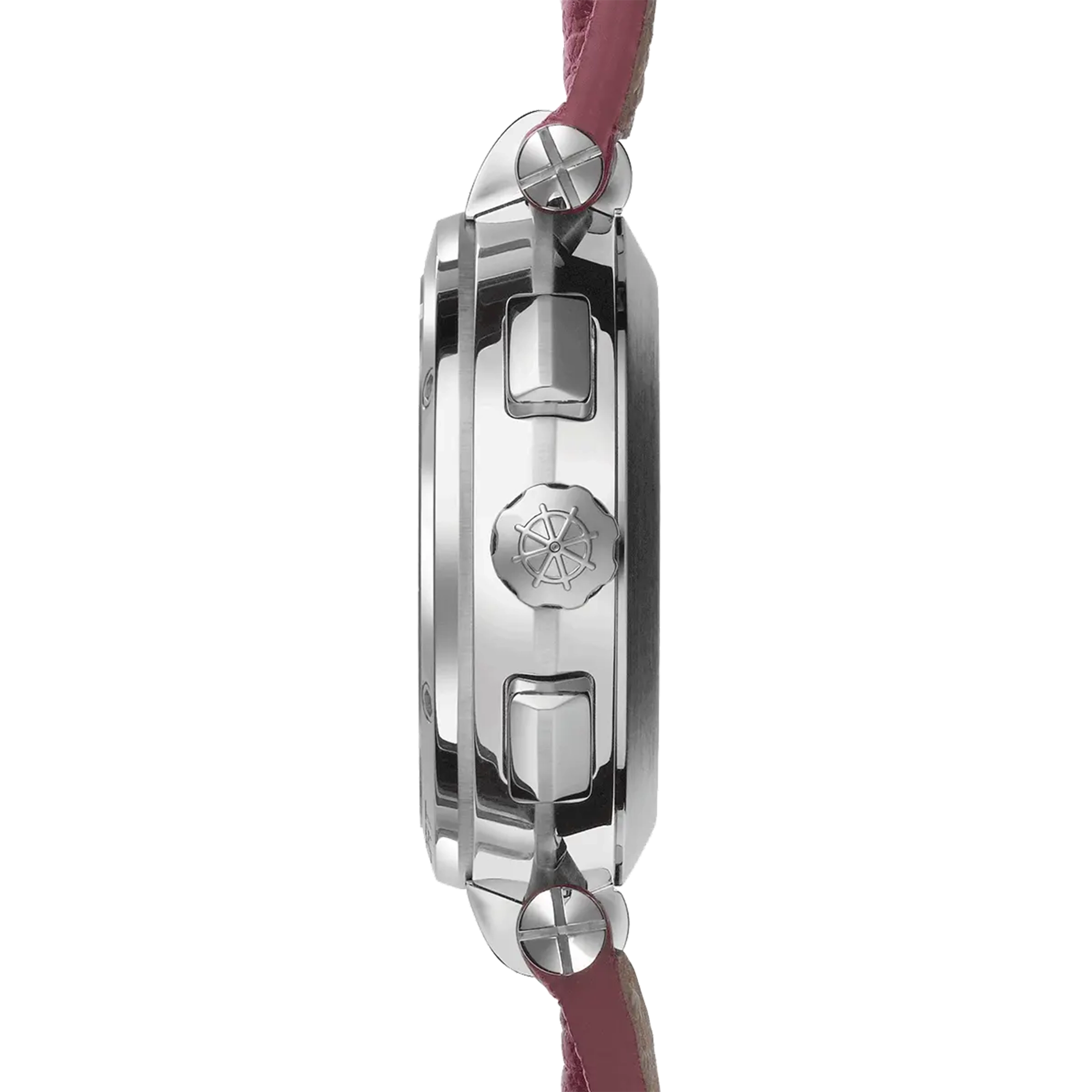 Vue de profil, tranche acier, couronne et attaches du bracelet cuir