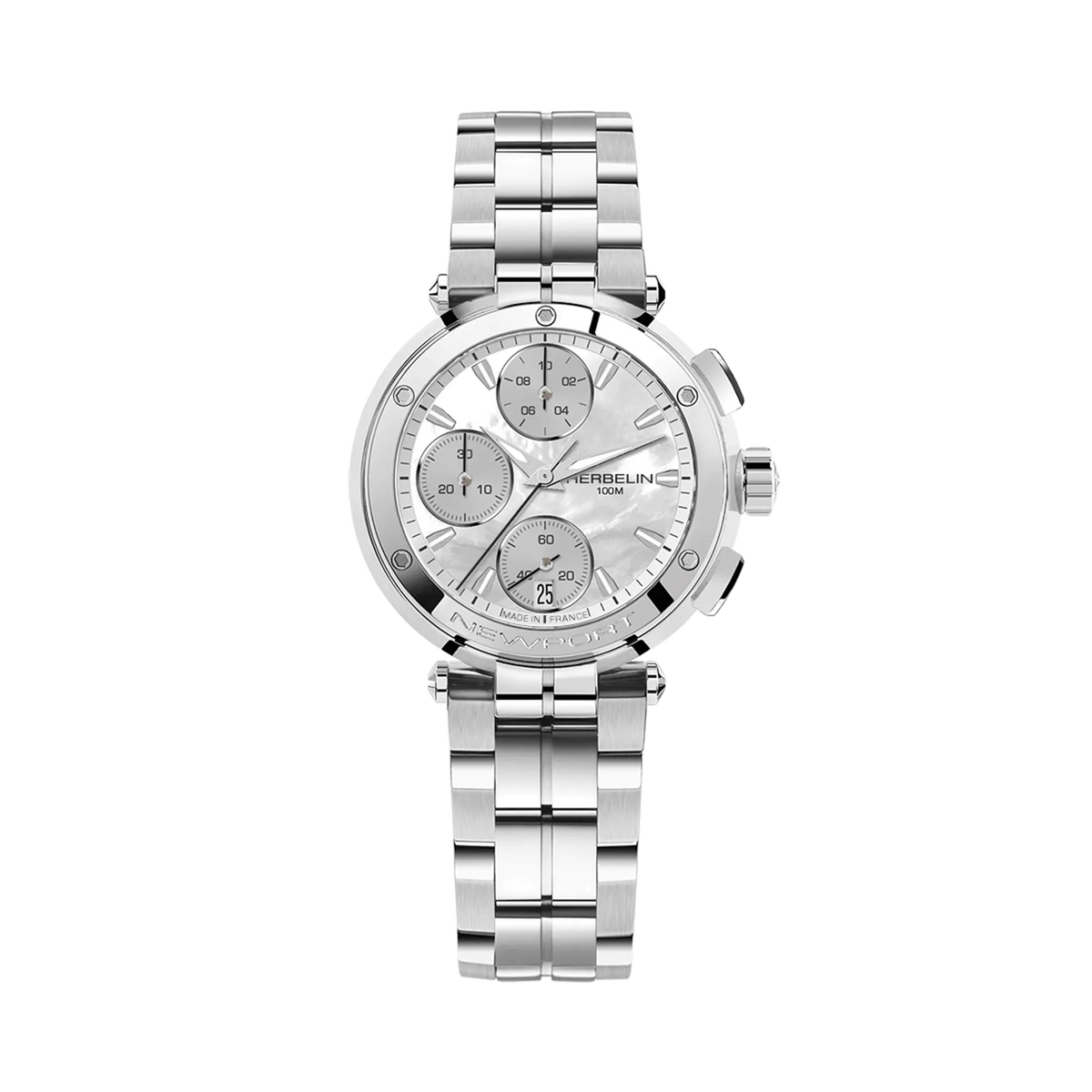 ⁣⁢Newport cronografo, quadrante in madreperla bianca, cassa in acciaio rotonda, cinturino in acciaio⁤⁣