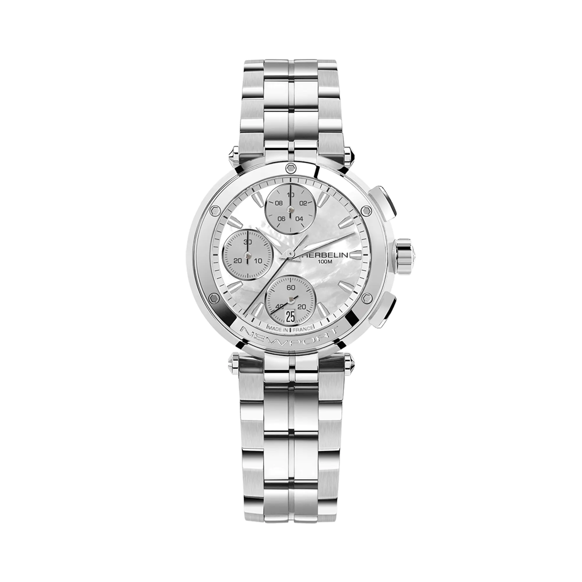 Newport chronographe, cadran nacre blanche, boîtier acier rond, bracelet acier