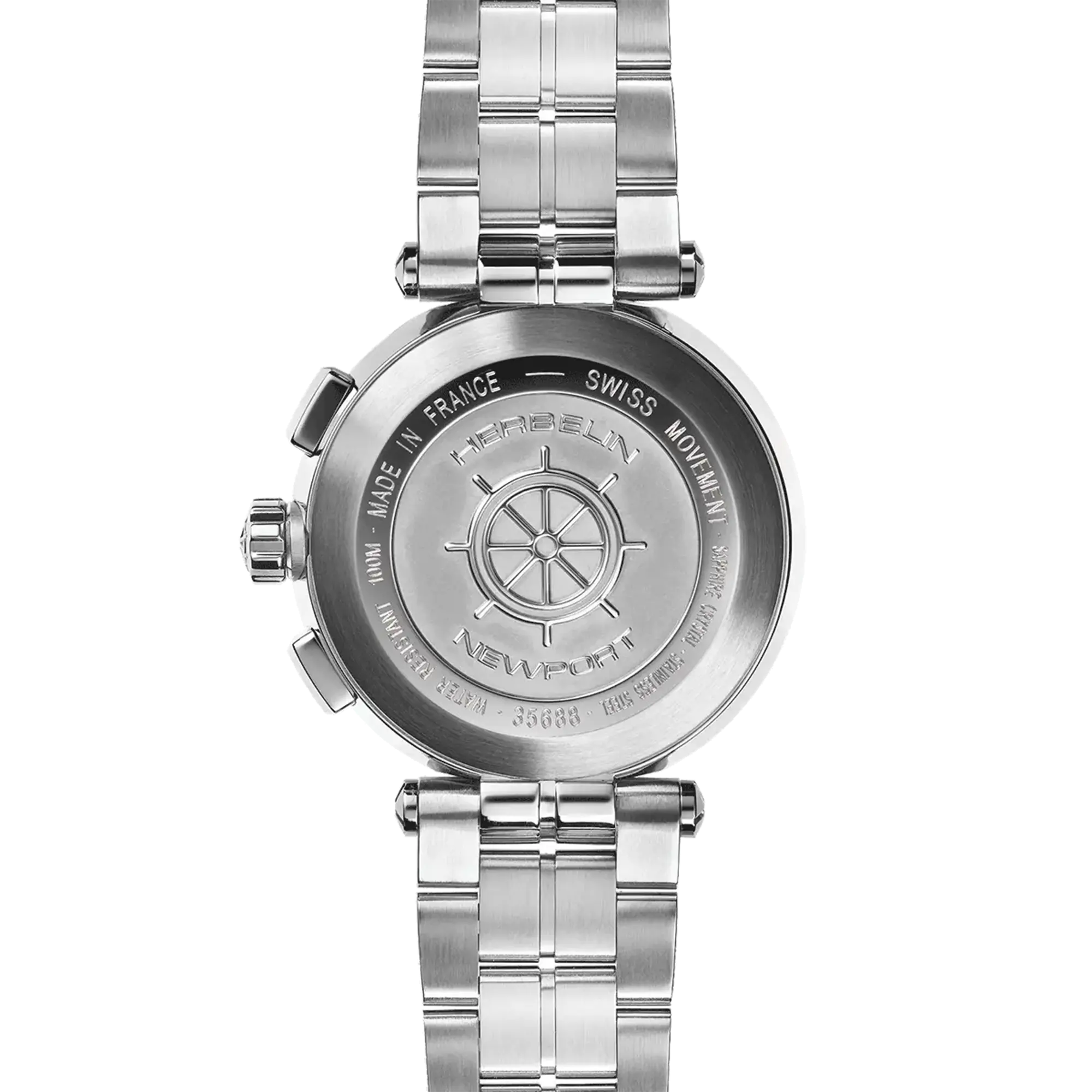 Dos de la Newport chronographe, fond acier avec gravure du modèle