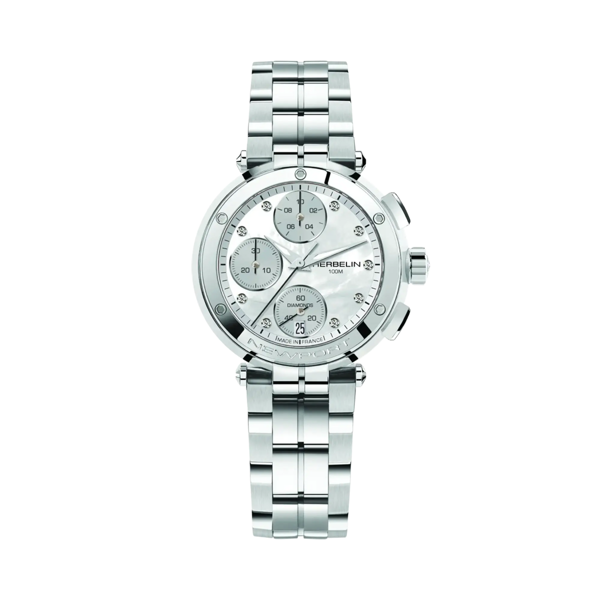 ⁣⁢Newport cronografo, quadrante in madreperla bianca, cassa in acciaio rotonda, cinturino in acciaio⁤⁣