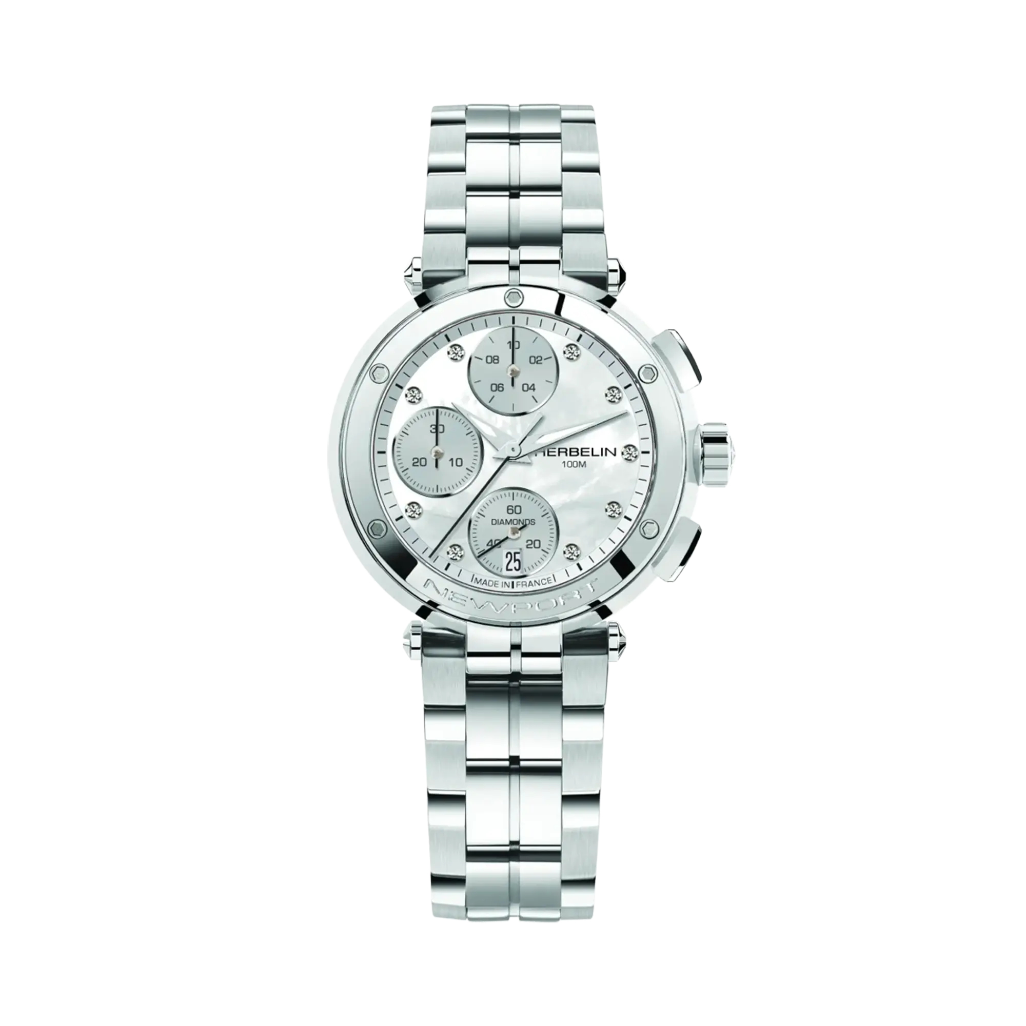 Newport chronographe, cadran nacre blanche, boîtier acier rond, bracelet acier
