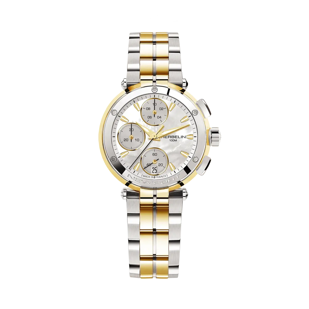 ⁣⁢Newport cronografo, quadrante in madreperla bianca, cassa rotonda in acciaio PVD oro giallo, bracciale bicolore in acciaio⁤⁣