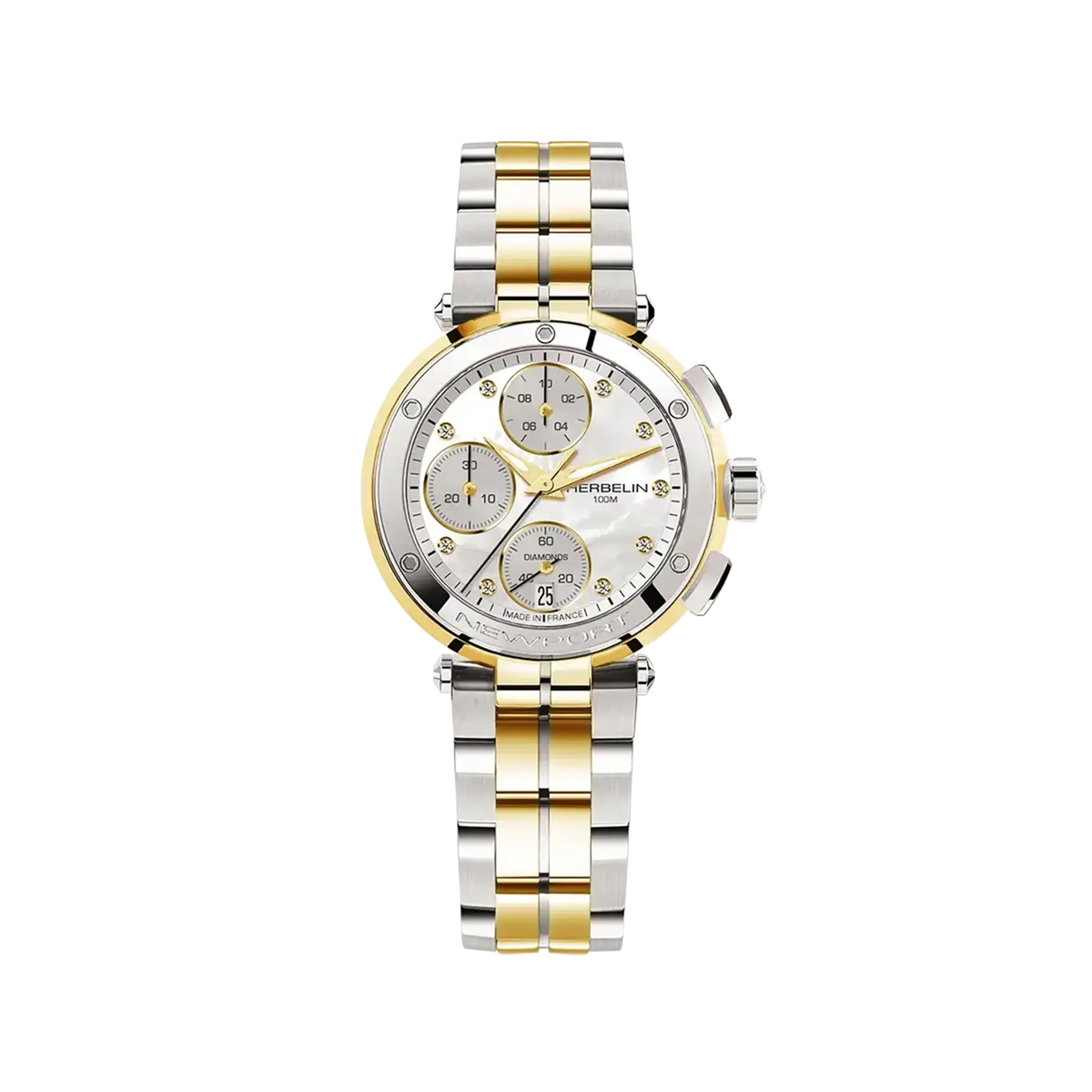 ⁣⁢Newport cronografo, quadrante in madreperla bianca, cassa rotonda in acciaio PVD oro giallo, bracciale bicolore in acciaio⁤⁣