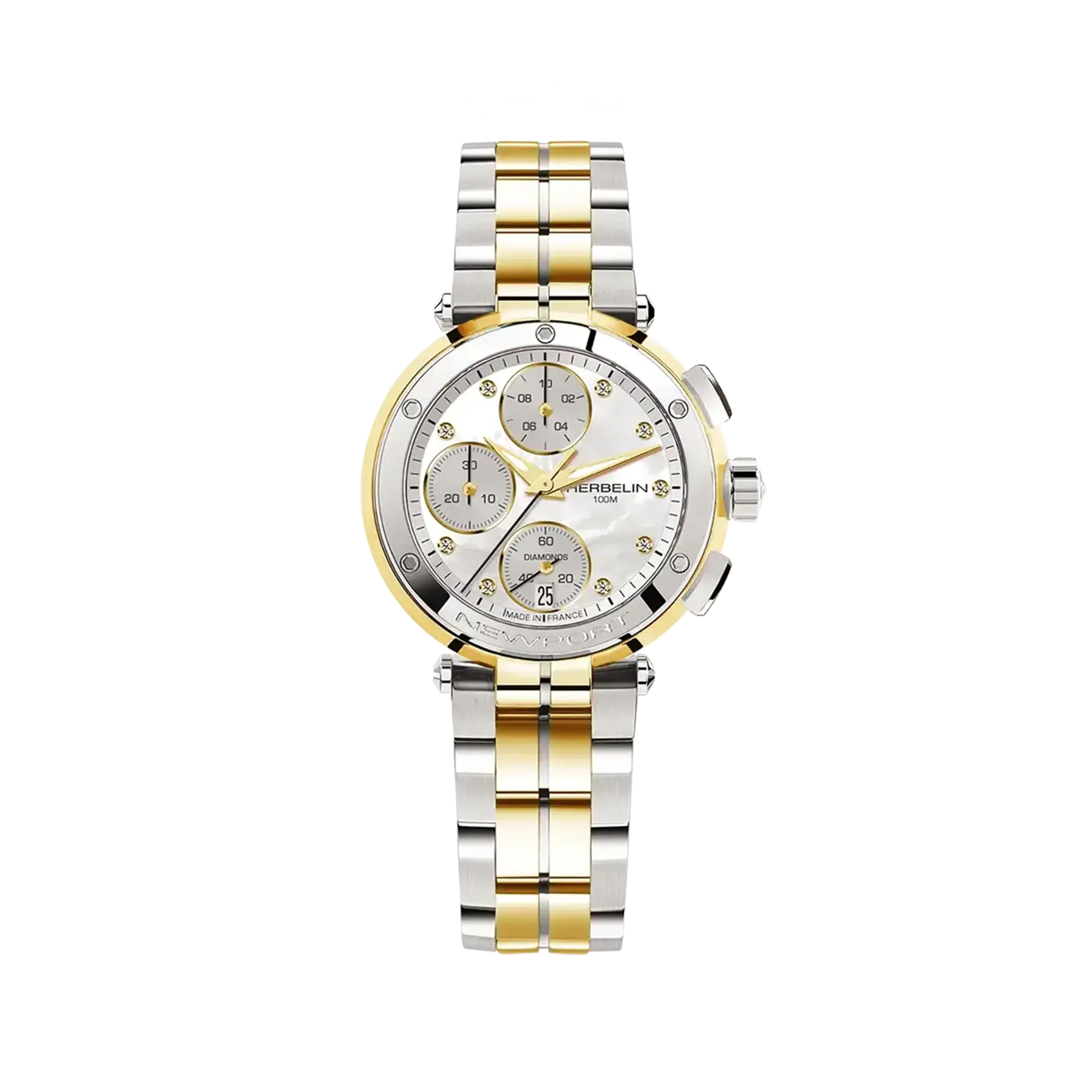 Newport chronographe, cadran nacre blanche, boîtier acier PVD or jaune rond, bracelet acier bicolore