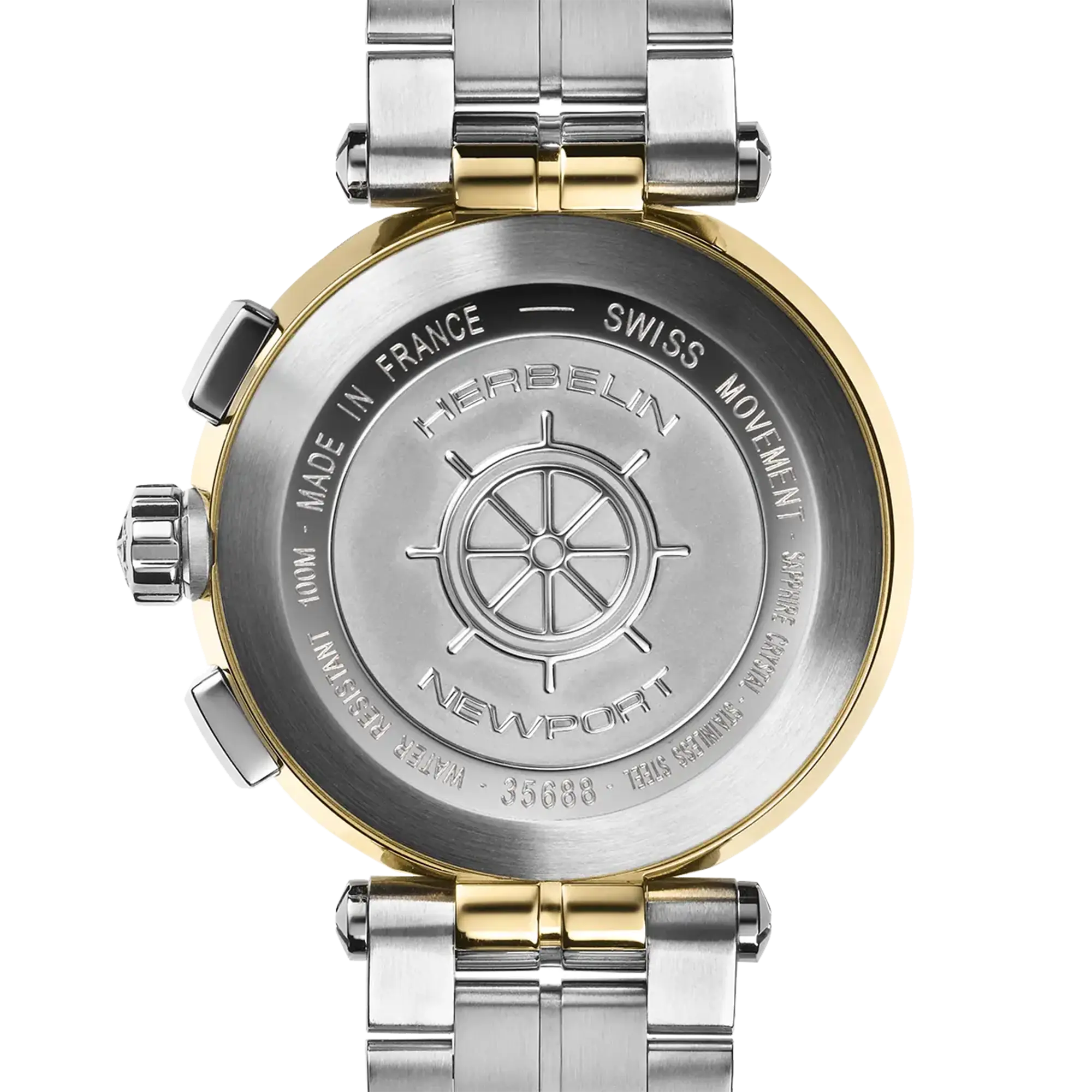 Dos de la Newport chronographe, fond acier PVD or jaune avec gravure du modèle