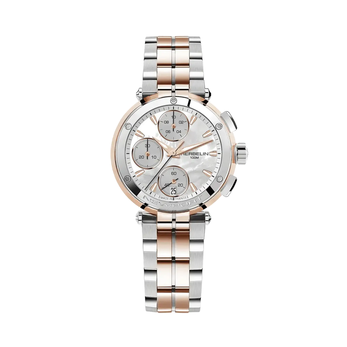 ⁣⁢Newport cronografo, quadrante madreperla bianca, cassa acciaio PVD oro rosa rotonda, bracciale acciaio PVD oro rosa⁤⁣