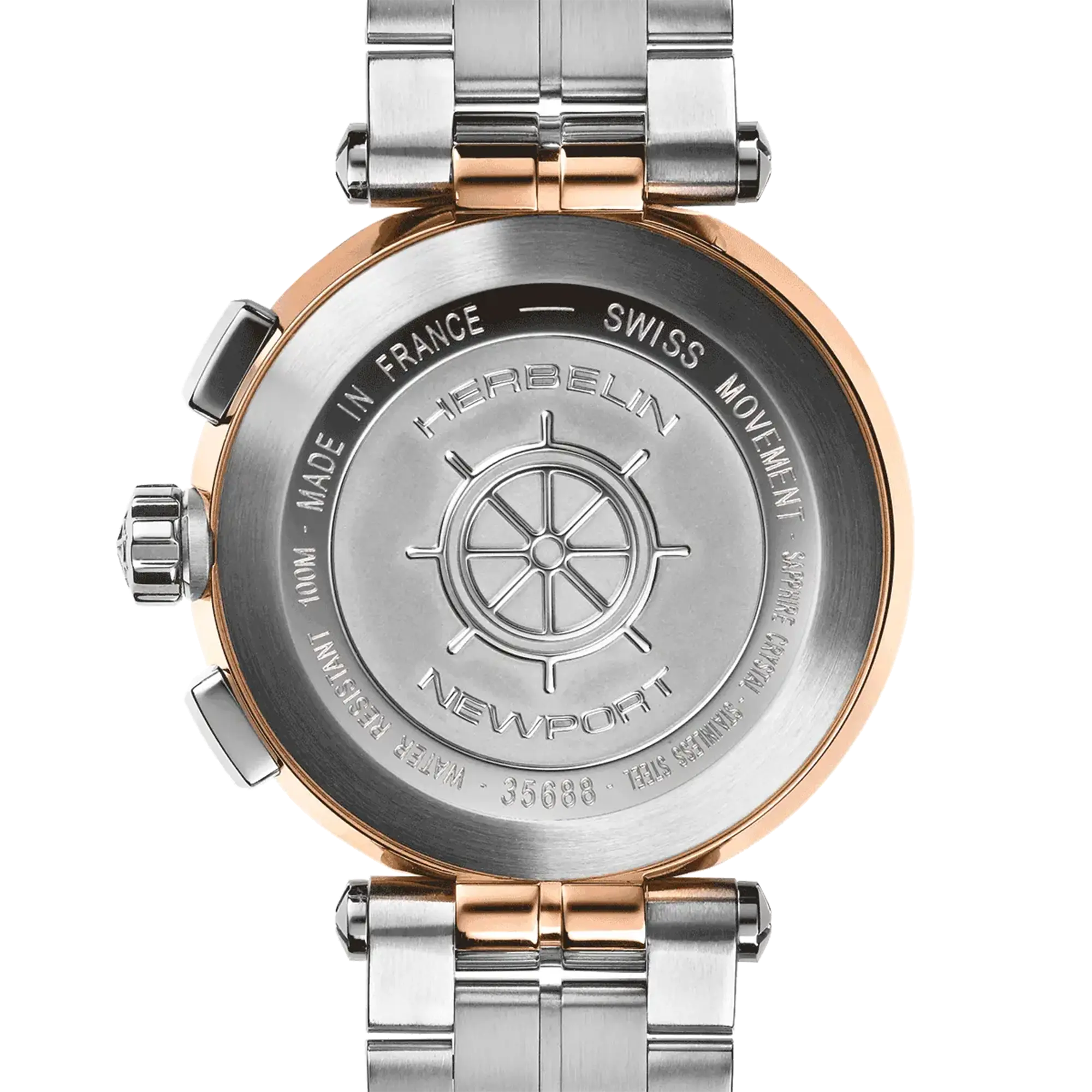 Dos de la Newport chronographe, fond acier PVD or rose avec gravure du modèle