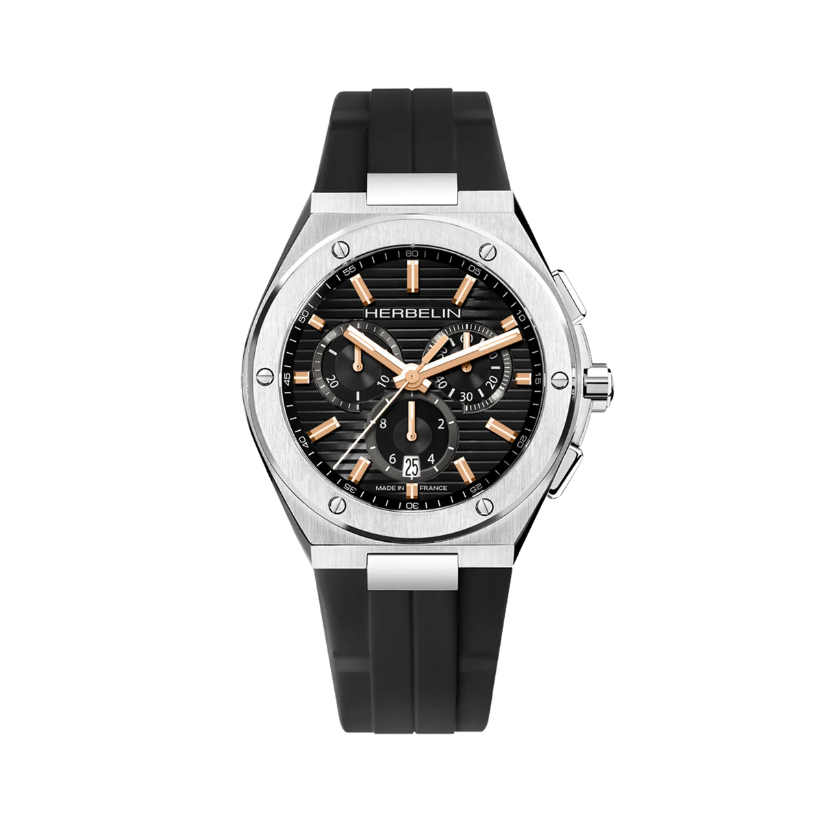 ⁣⁢Cap Camarat chronographe, esfera negra, caja redonda de acero, brazalete de caucho⁤⁣