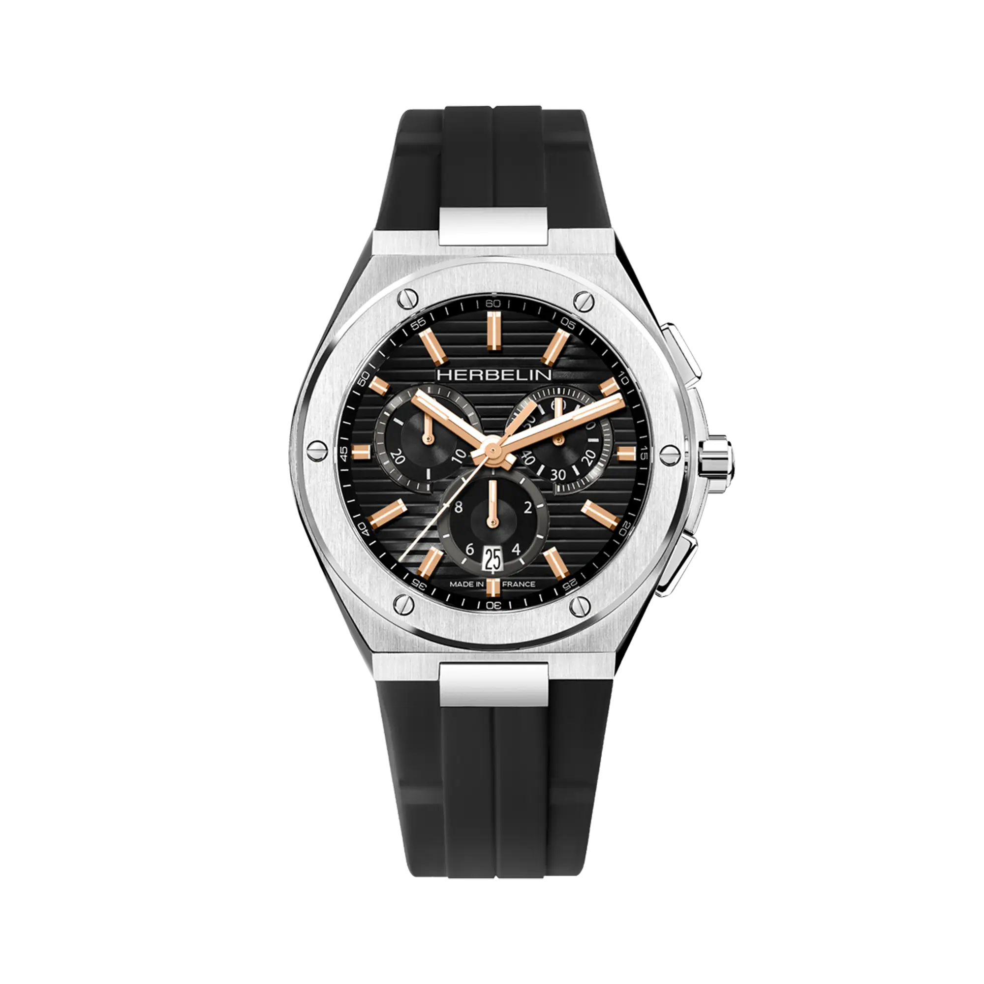 Cap Camarat chronographe, cadran noir, boîtier acier rond, bracelet caoutchouc