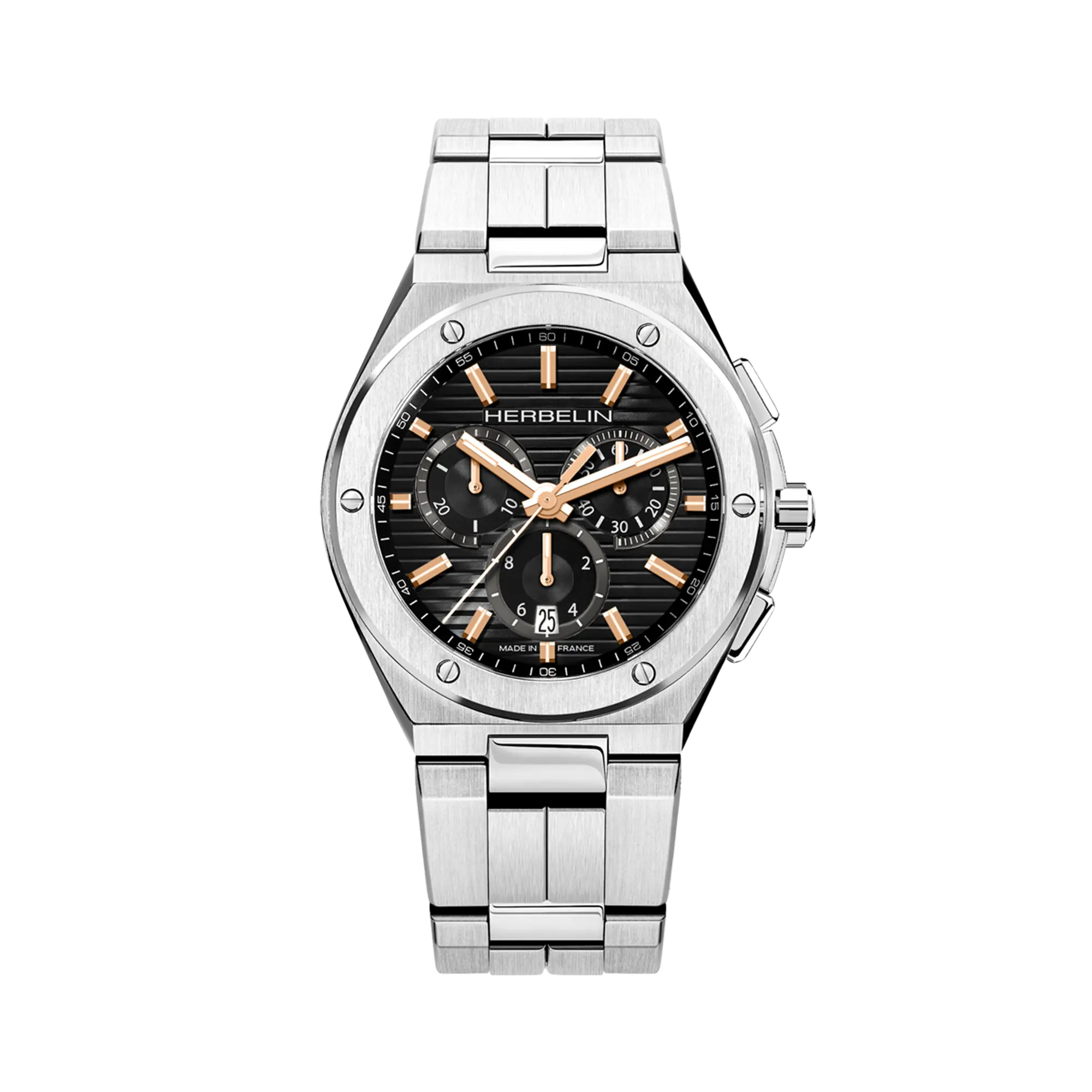 Cap Camarat chronographe, cadran noir, boîtier acier rond, bracelet acier